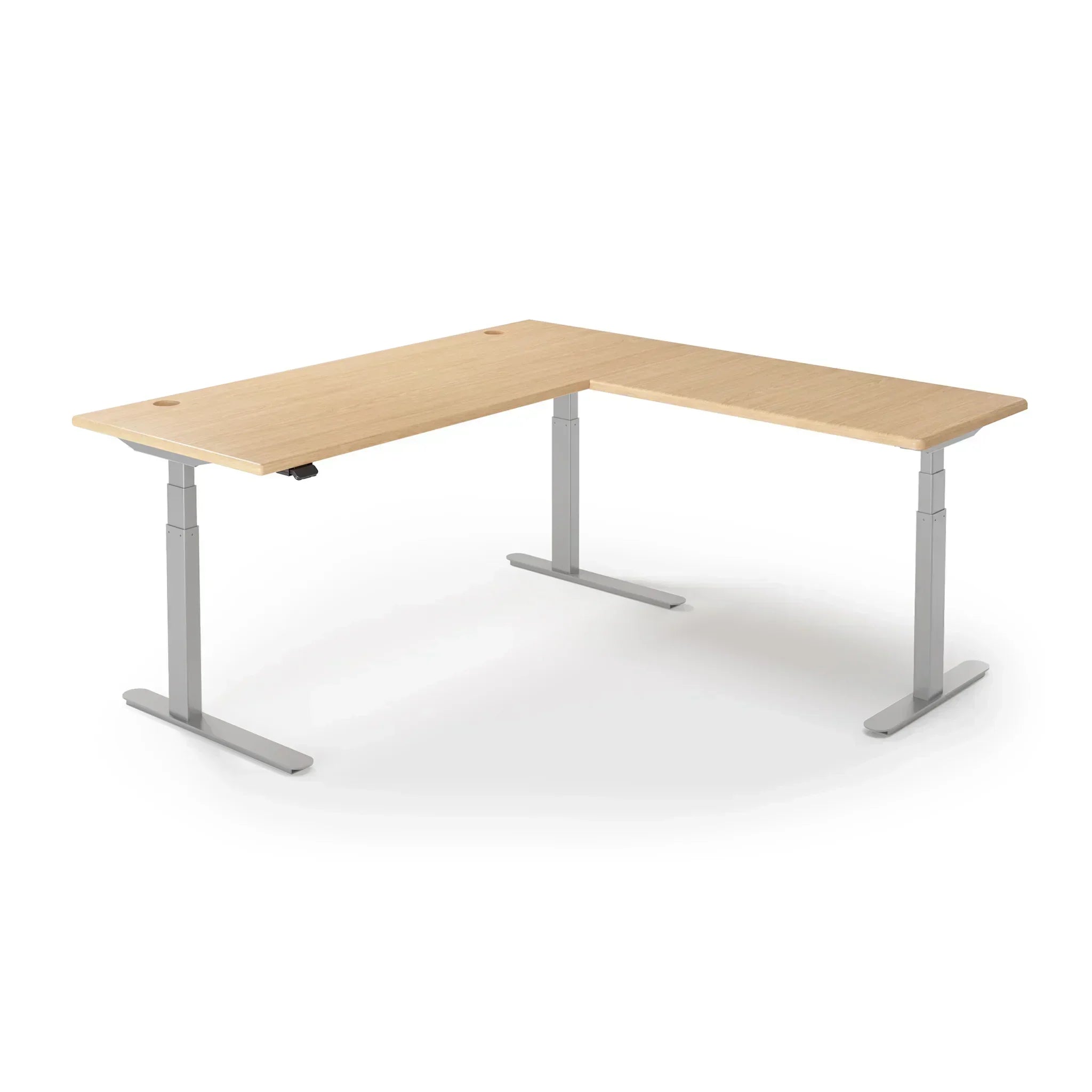 Lander Standing L-Desk in 3D Laminate 30x95 Main-Almond Cherry-Silver-With Grommet Holes-iMovR