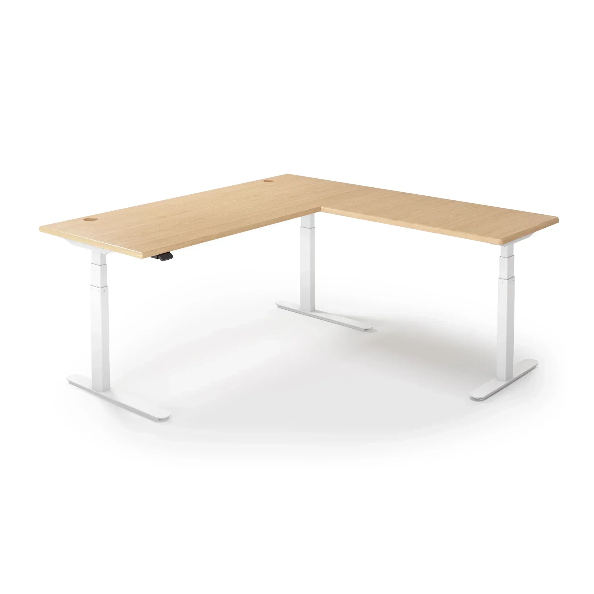 Lander Standing L-Desk in 3D Laminate 30x95 Main-Almond Cherry-White-With Grommet Holes-iMovR