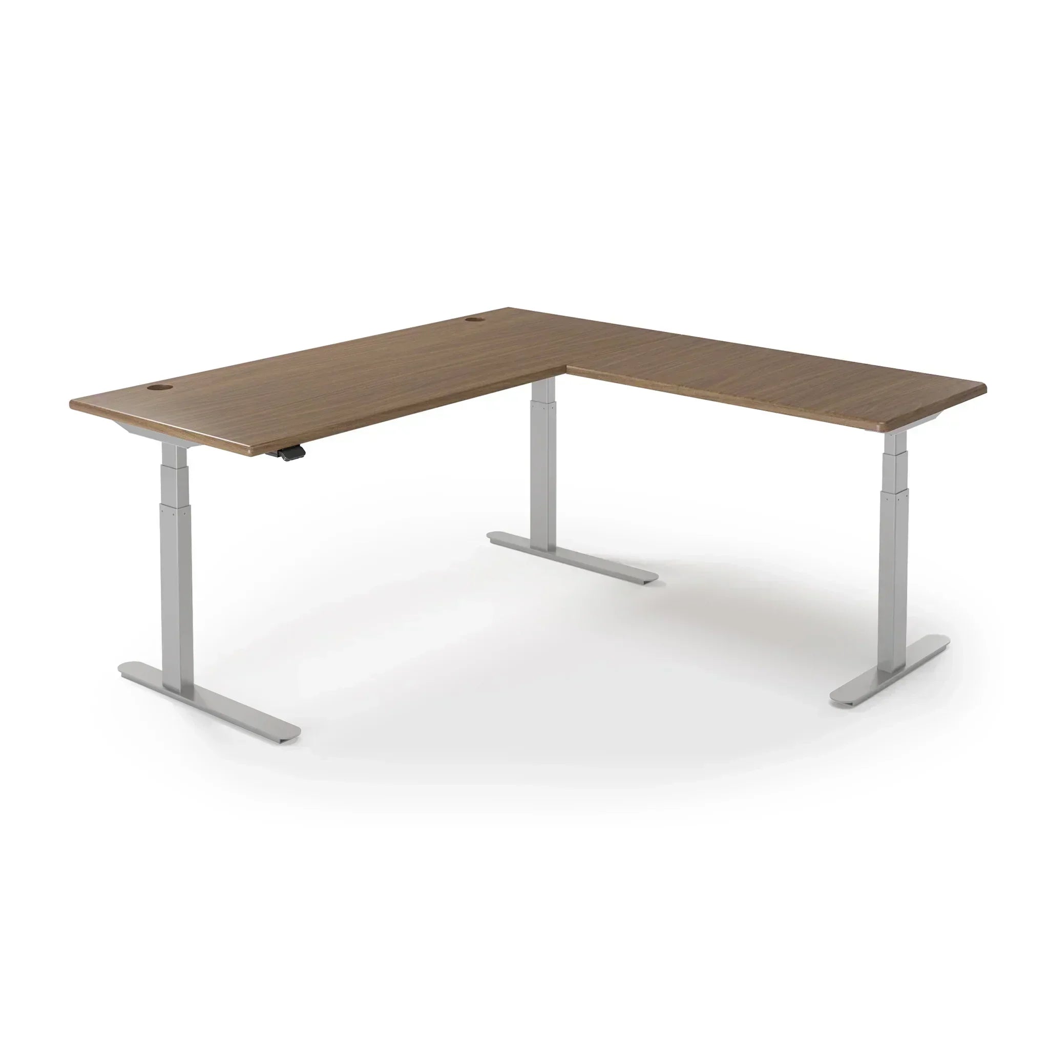 Lander Standing L-Desk in 3D Laminate 30x95 Main-Bella Walnut-Silver-With Grommet Holes-iMovR