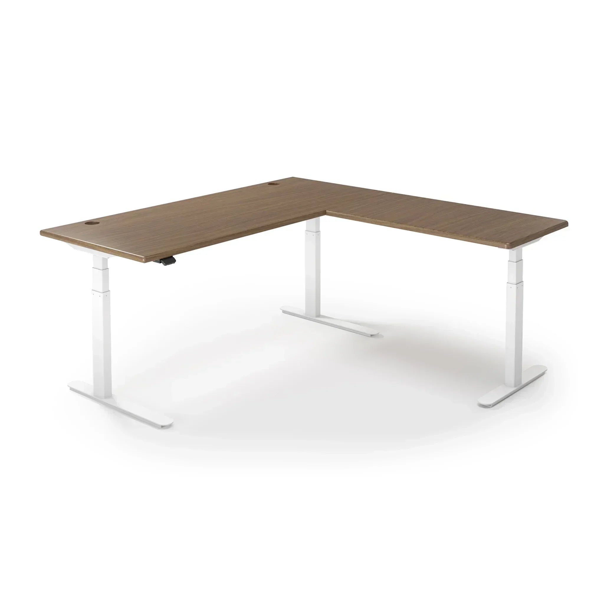 Lander Standing L-Desk in 3D Laminate 30x95 Main-Bella Walnut-White-With Grommet Holes-iMovR