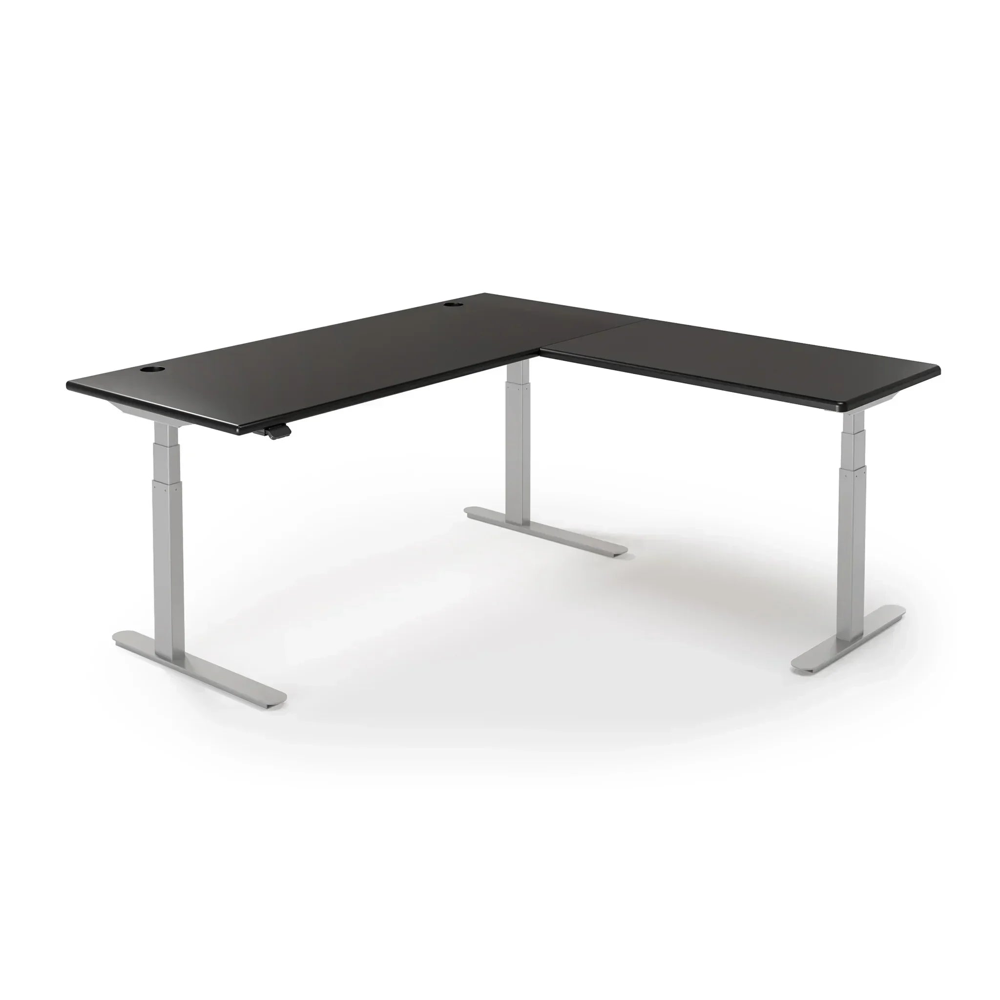 Lander Standing L-Desk in 3D Laminate 30x95 Main-Black-Silver-With Grommet Holes-iMovR