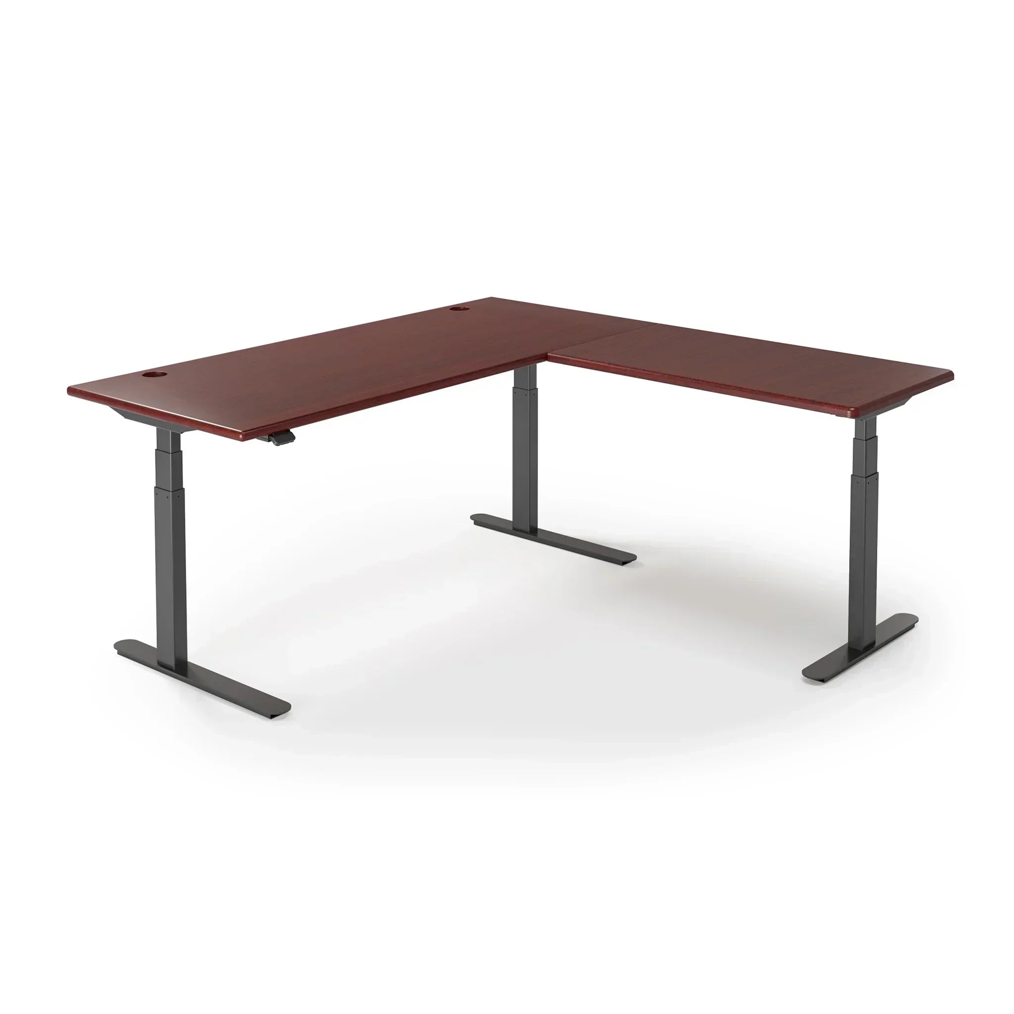 Lander Standing L-Desk in 3D Laminate 30x95 Main-Clove Mahogany-Black-With Grommet Holes-iMovR