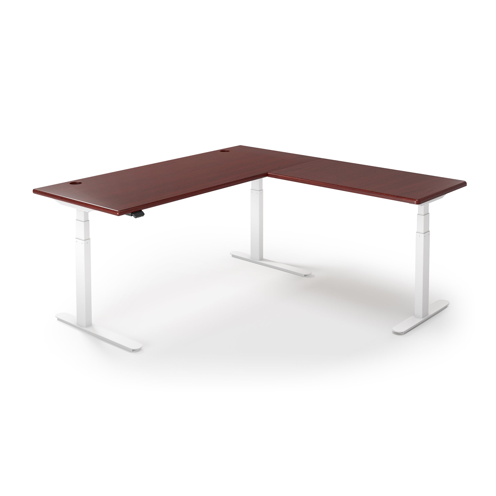 Lander Standing L-Desk in 3D Laminate 30x95 Main-Clove Mahogany-White-With Grommet Holes-iMovR