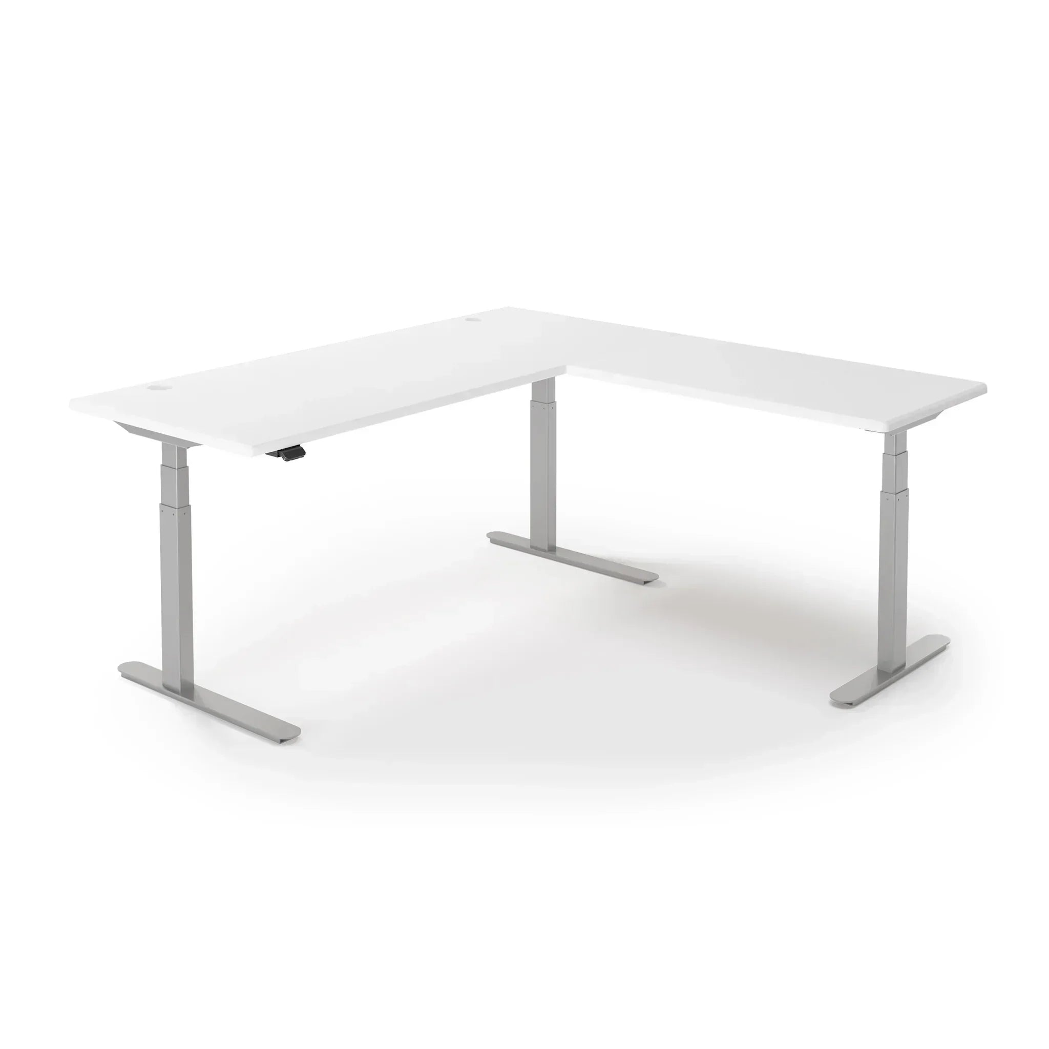 Lander Standing L-Desk in 3D Laminate 30x95 Main-Designer White-Silver-With Grommet Holes-iMovR