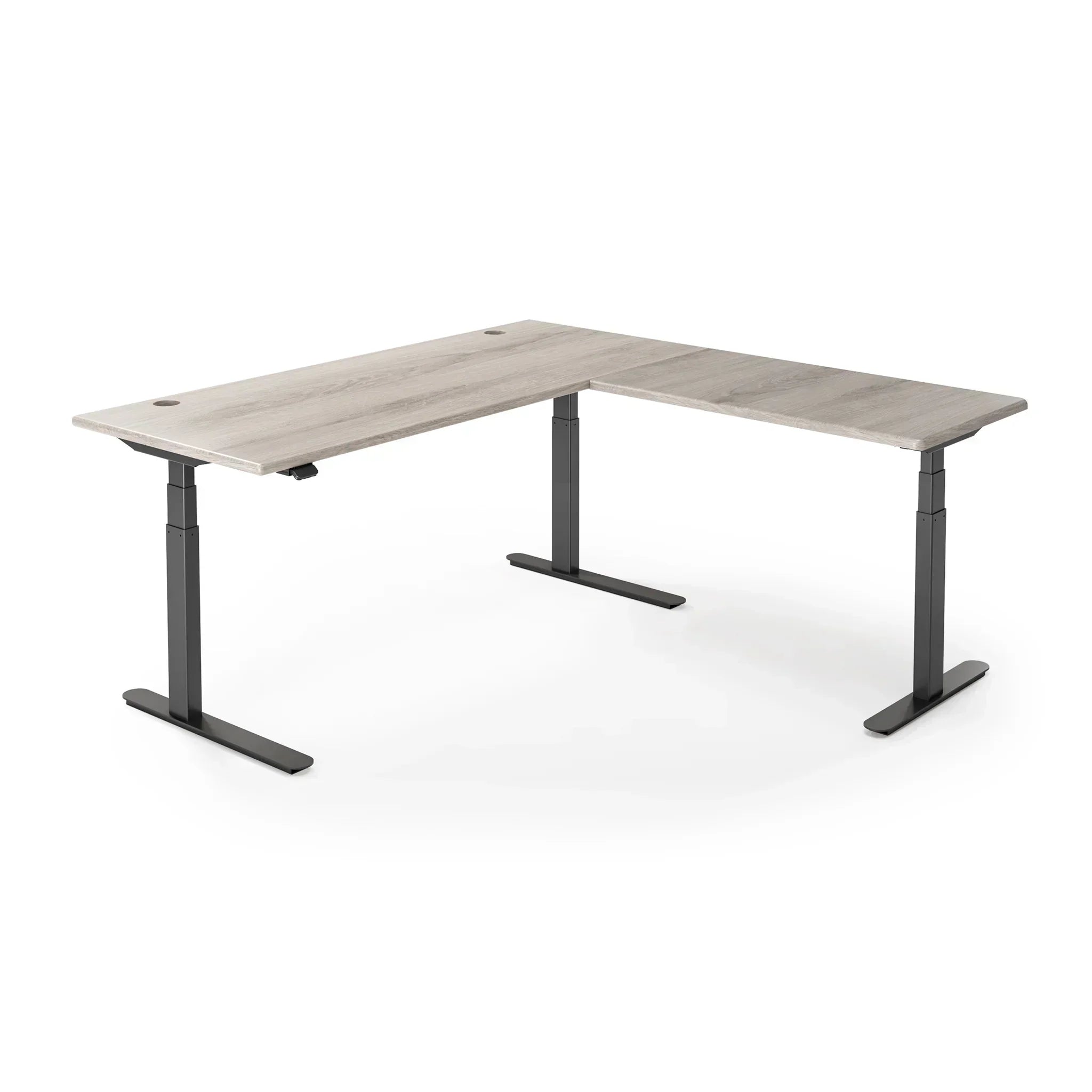 Lander Standing L-Desk in 3D Laminate 30x95 Main-Driftwood-Black-With Grommet Holes-iMovR