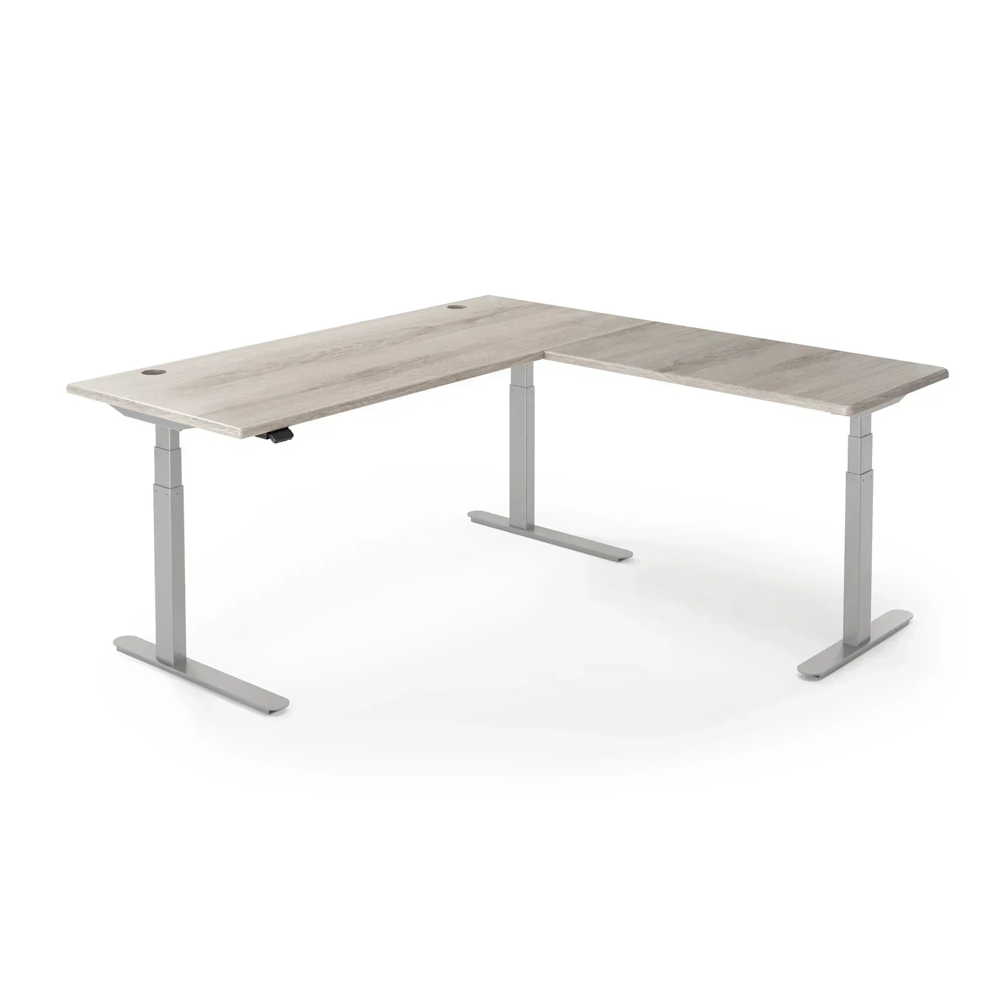 Lander Standing L-Desk in 3D Laminate 30x95 Main-Driftwood-Silver-With Grommet Holes-iMovR