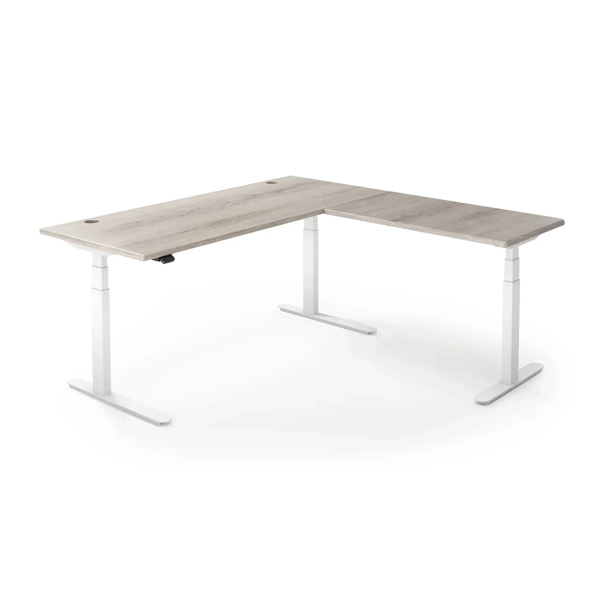 Lander Standing L-Desk in 3D Laminate 30x95 Main-Driftwood-White-With Grommet Holes-iMovR