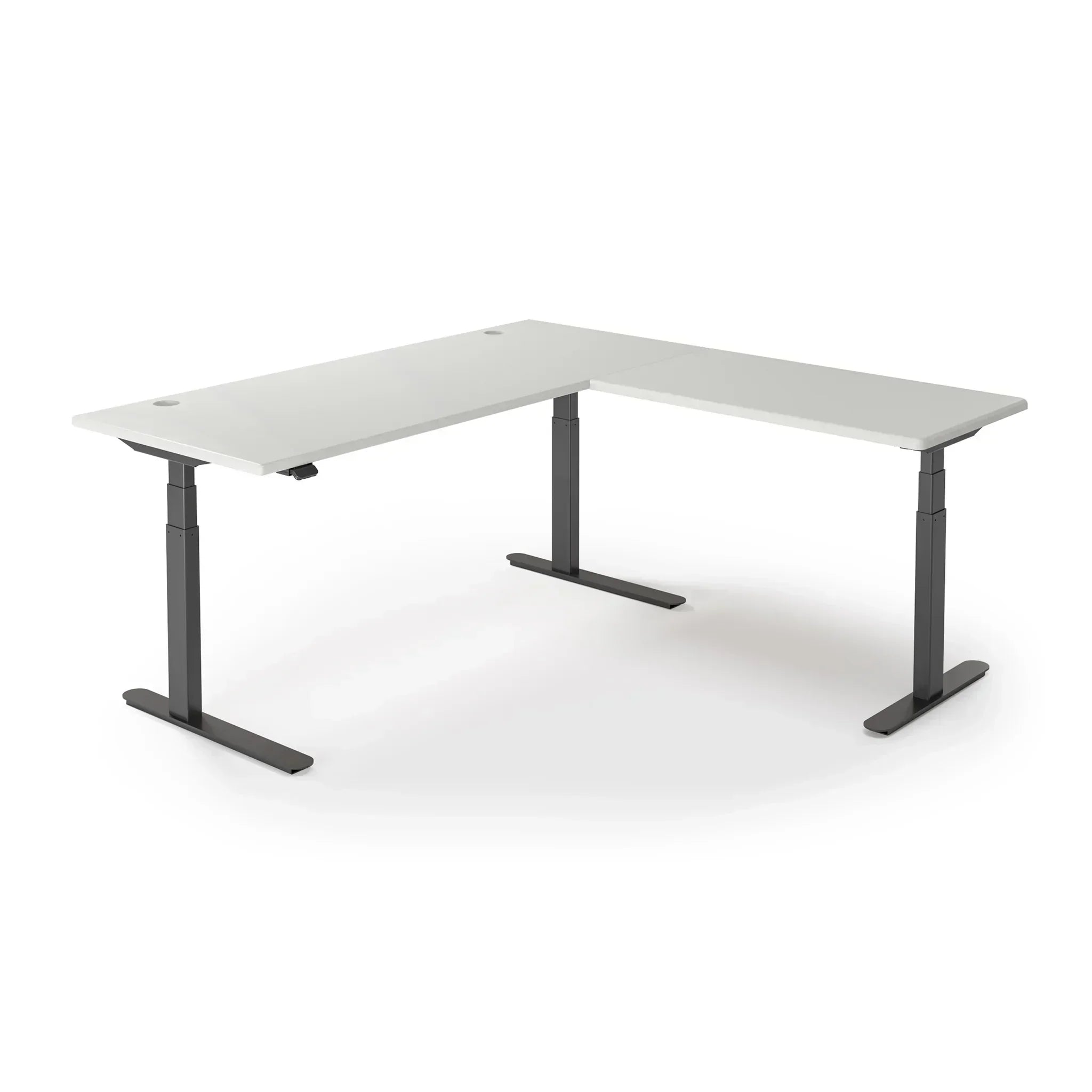 Lander Standing L-Desk in 3D Laminate 30x95 Main-Fashion Gray-Black-With Grommet Holes-iMovR