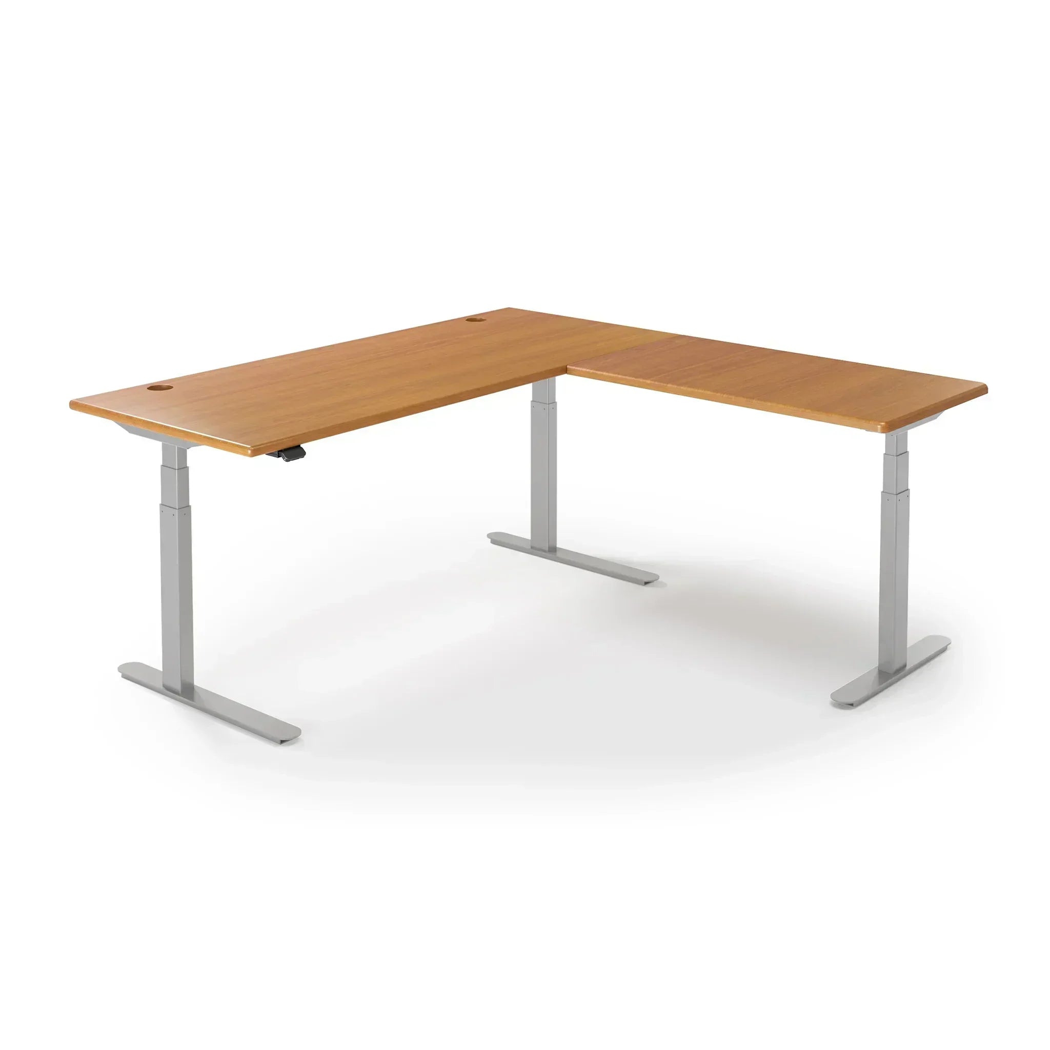 Lander Standing L-Desk in 3D Laminate 30x95 Main-Hayward Cherry-Silver-With Grommet Holes-iMovR