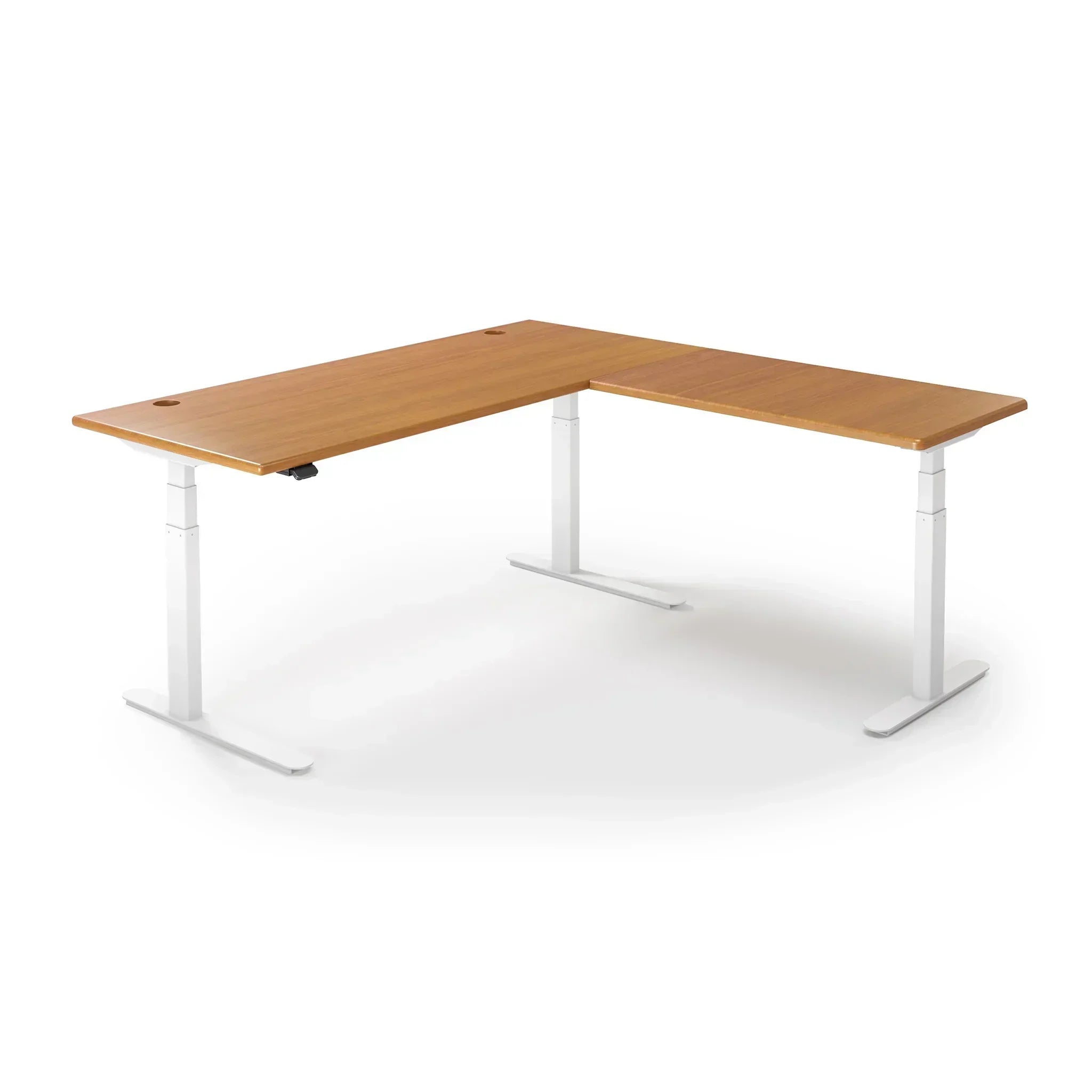 Lander Standing L-Desk in 3D Laminate 30x95 Main-Hayward Cherry-White-With Grommet Holes-iMovR