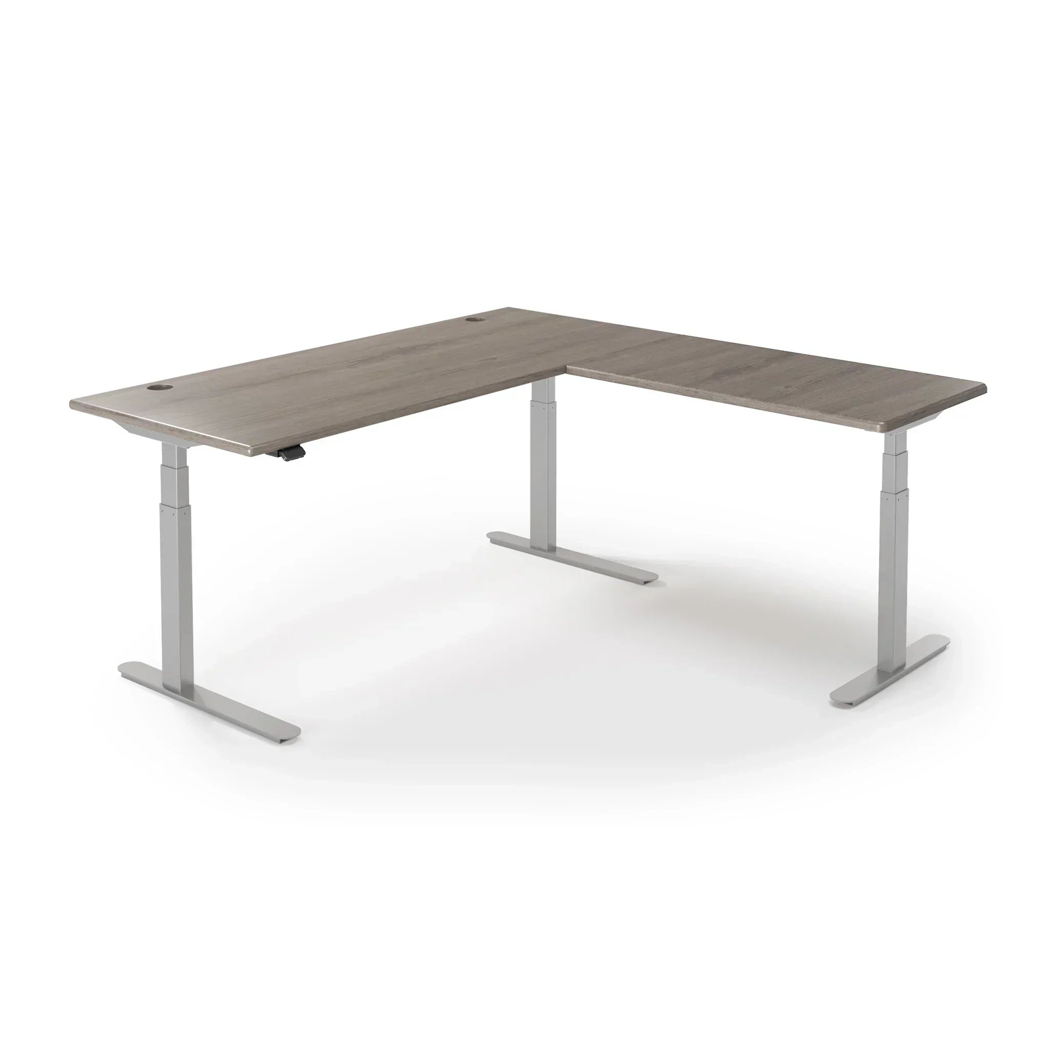 Lander Standing L-Desk in 3D Laminate 30x95 Main-Ironwood-Silver-With Grommet Holes-iMovR