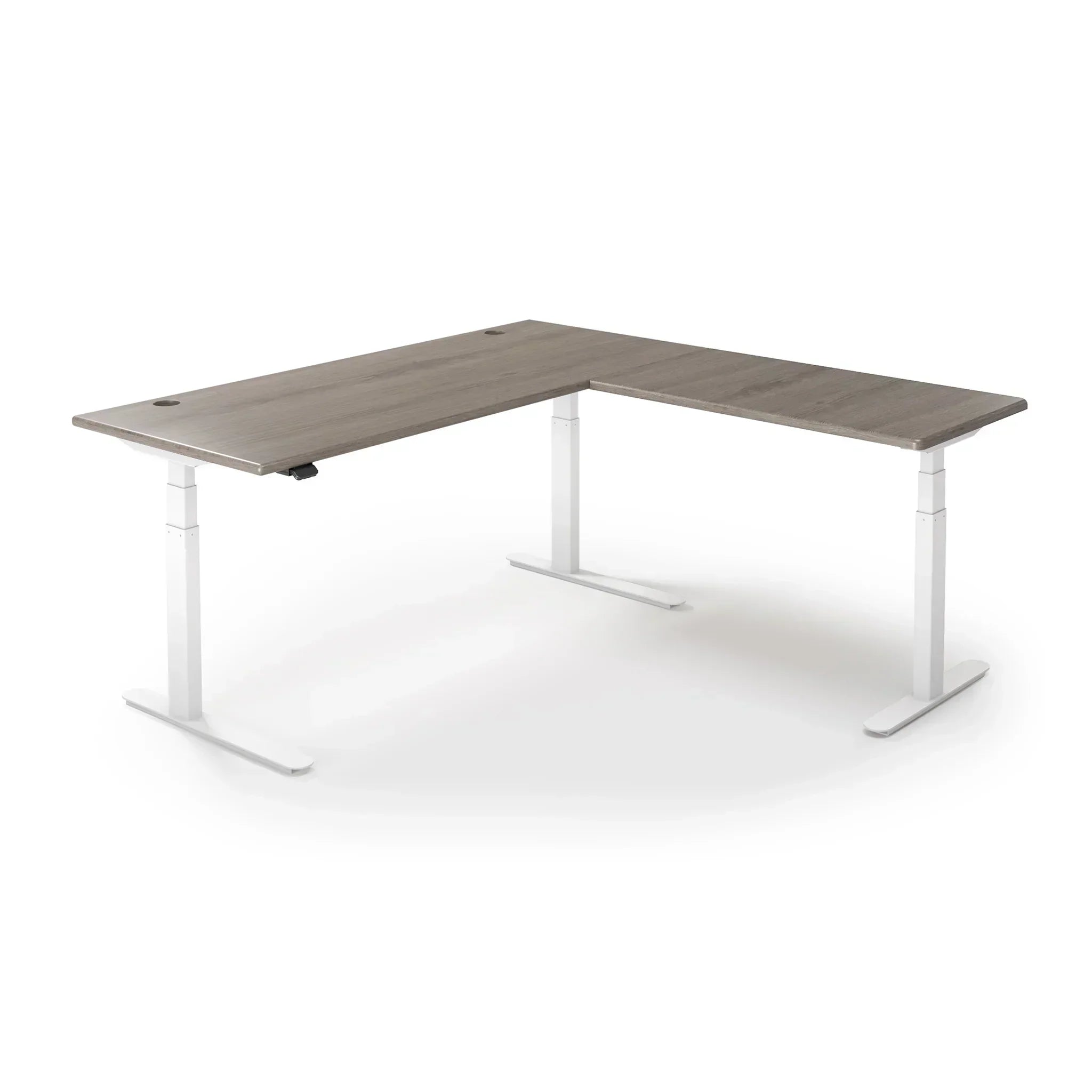 Lander Standing L-Desk in 3D Laminate 30x95 Main-Ironwood-White-With Grommet Holes-iMovR