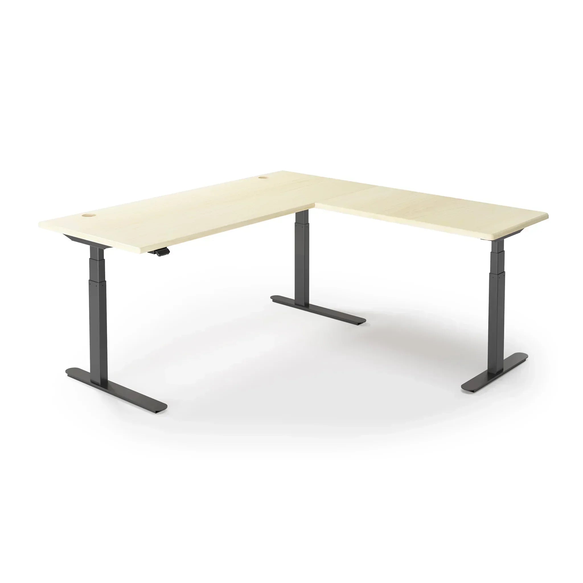 Lander Standing L-Desk in 3D Laminate 30x95 Main-Light Maple-Black-With Grommet Holes-iMovR