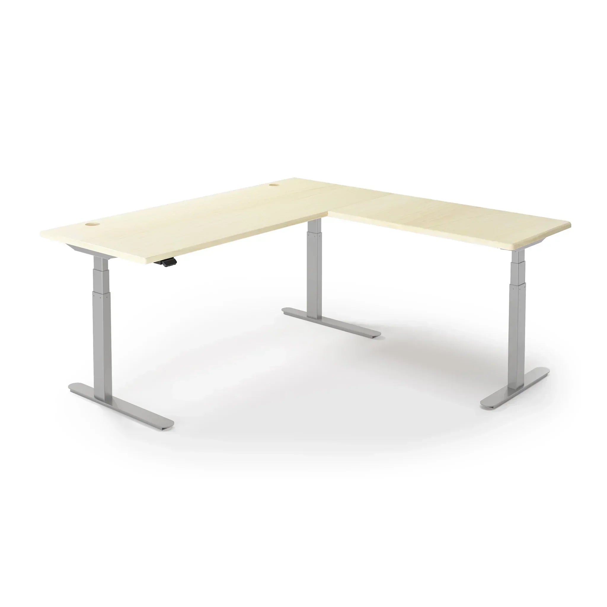 Lander Standing L-Desk in 3D Laminate 30x95 Main-Light Maple-Silver-With Grommet Holes-iMovR
