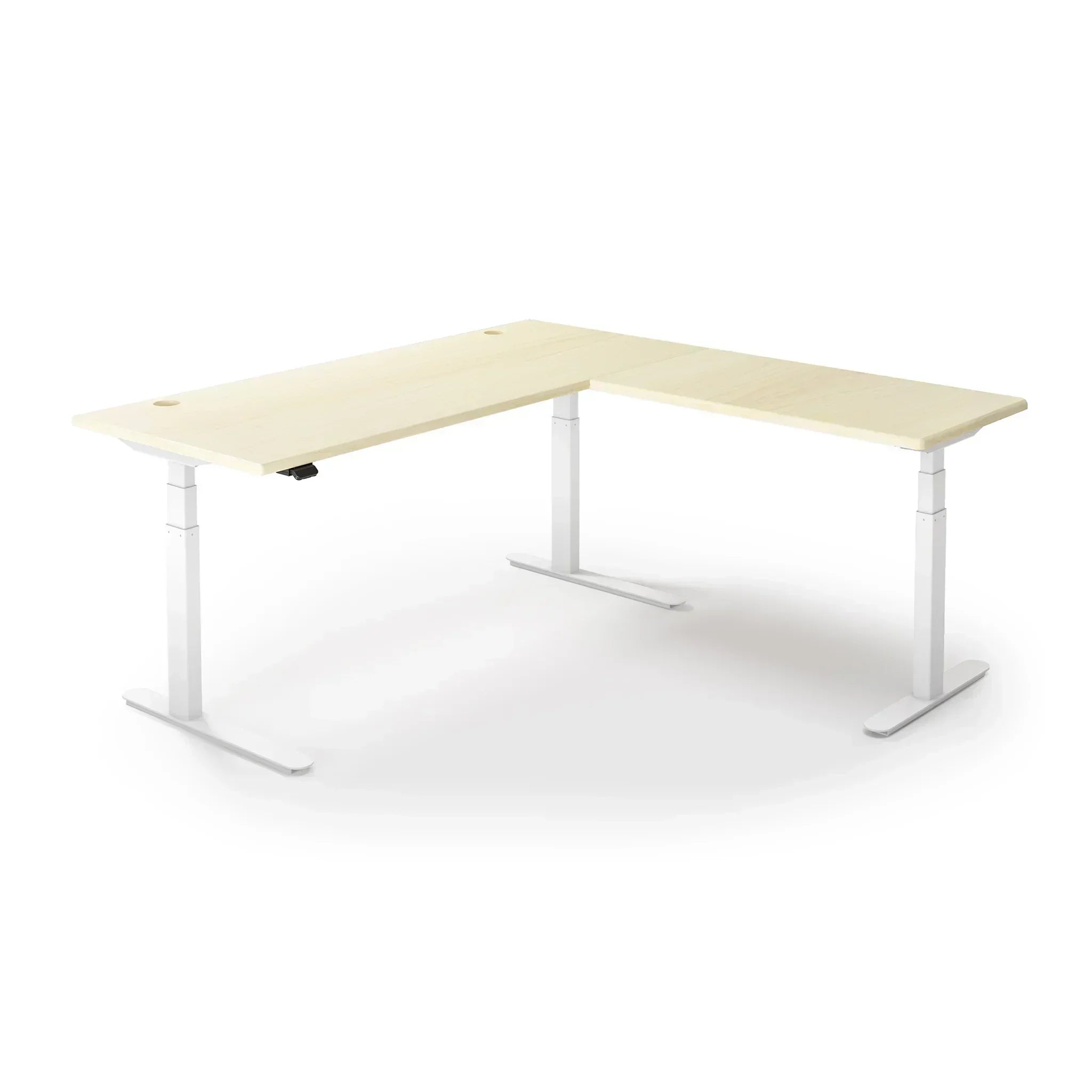 Lander Standing L-Desk in 3D Laminate 30x95 Main-Light Maple-White-With Grommet Holes-iMovR