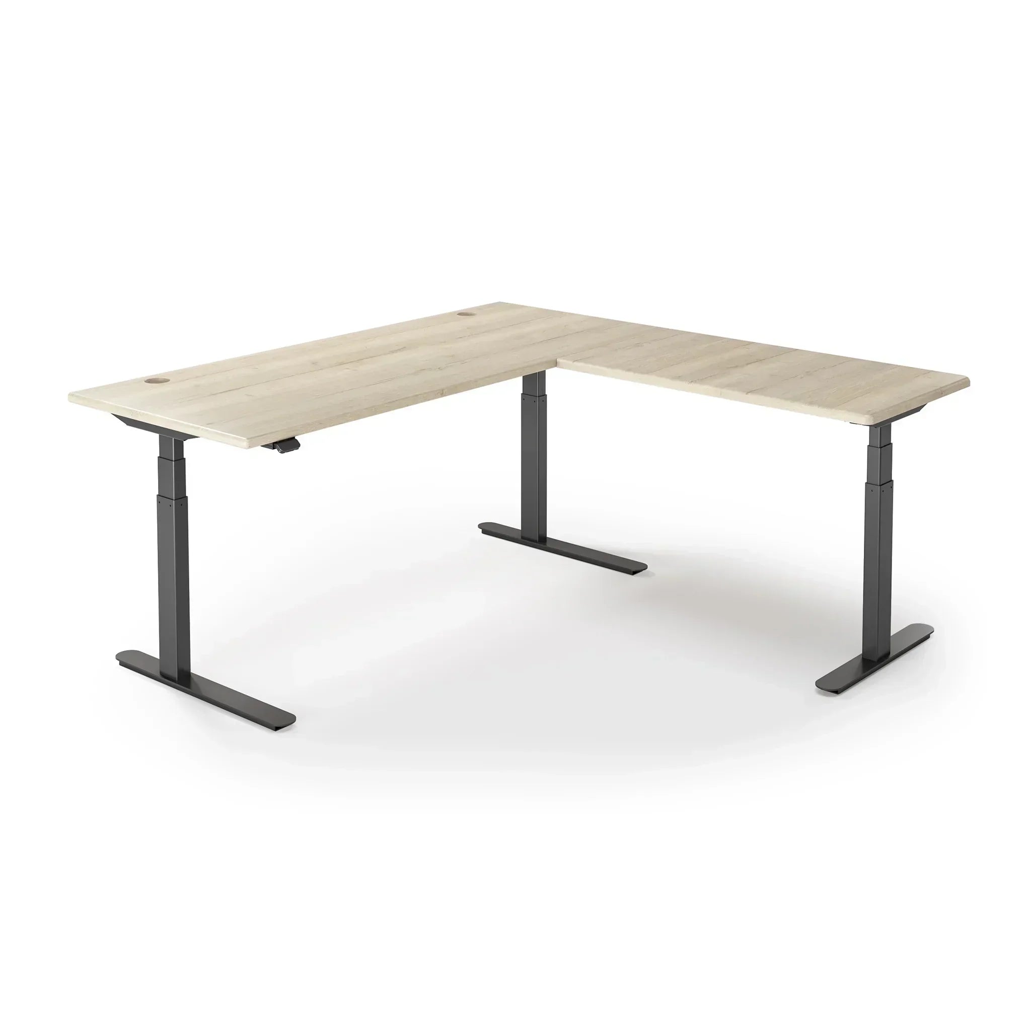 Lander Standing L-Desk in 3D Laminate 30x95 Main-Natural Oak-Black-With Grommet Holes-iMovR