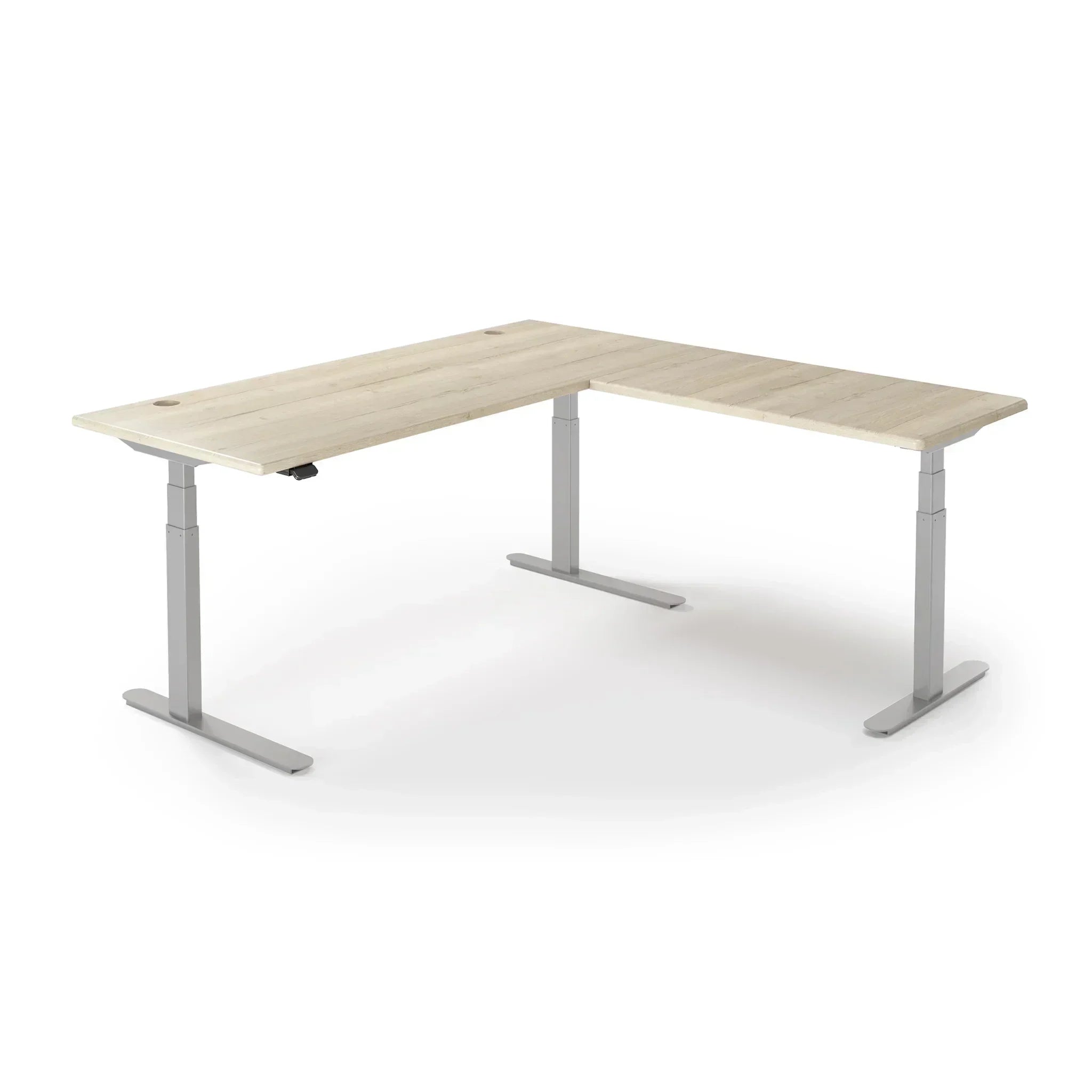 Lander Standing L-Desk in 3D Laminate 30x95 Main-Natural Oak-Silver-With Grommet Holes-iMovR