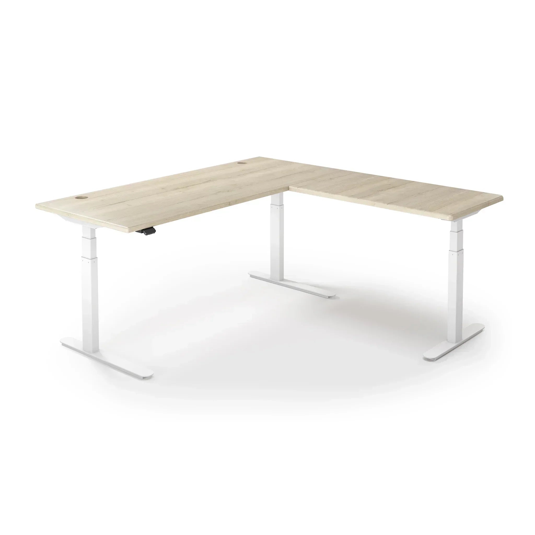 Lander Standing L-Desk in 3D Laminate 30x95 Main-Natural Oak-White-With Grommet Holes-iMovR