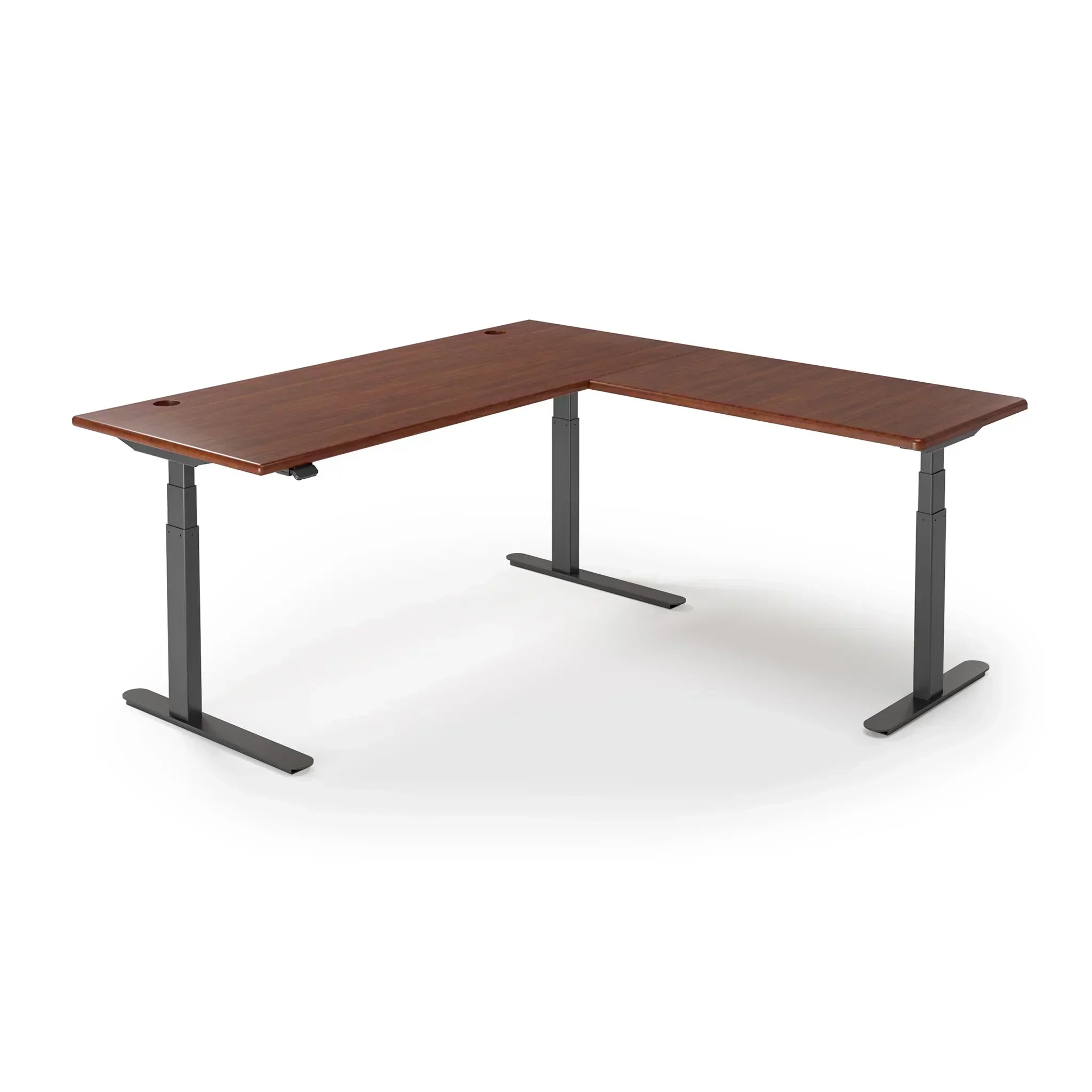Lander Standing L-Desk in 3D Laminate 30x95 Main-Shaker Cherry-Black-With Grommet Holes-iMovR
