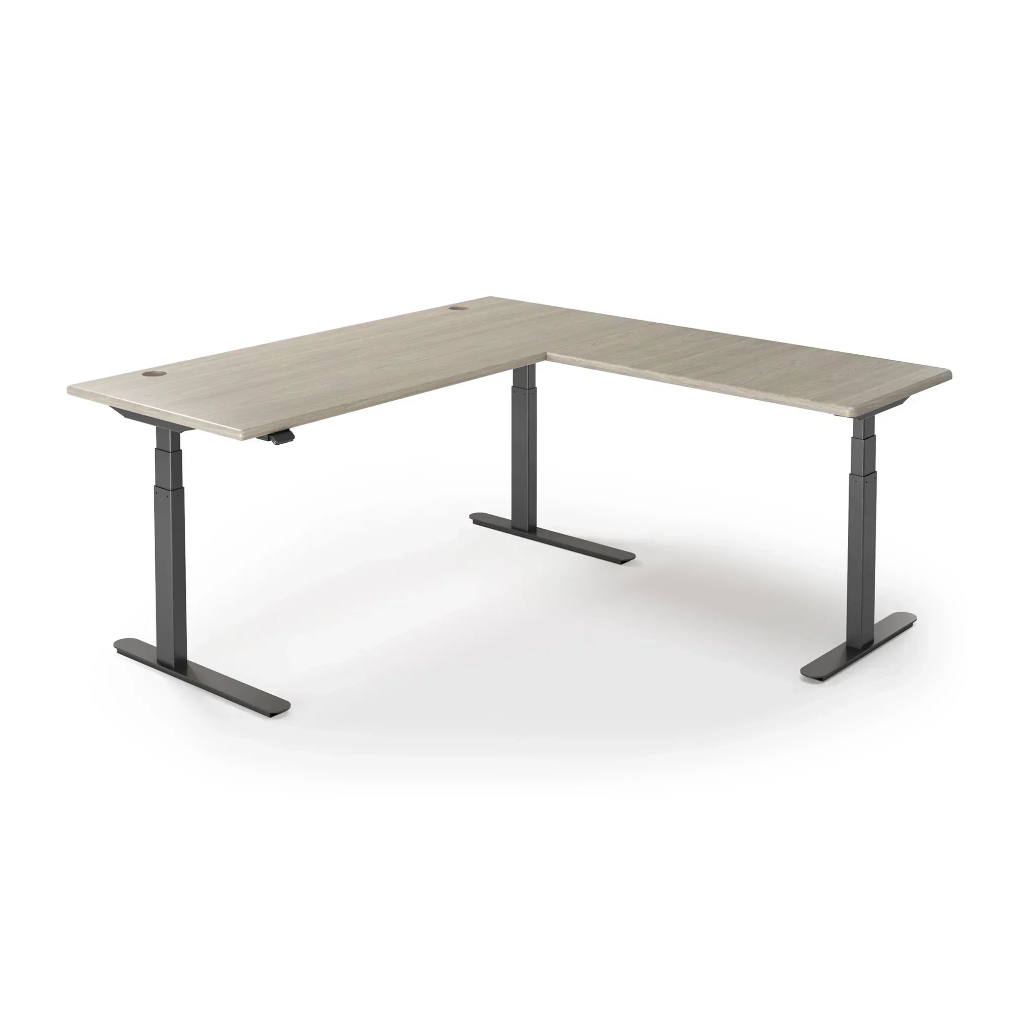 Lander Standing L-Desk in 3D Laminate 30x95 Main-Swiss Elm-Black-With Grommet Holes-iMovR