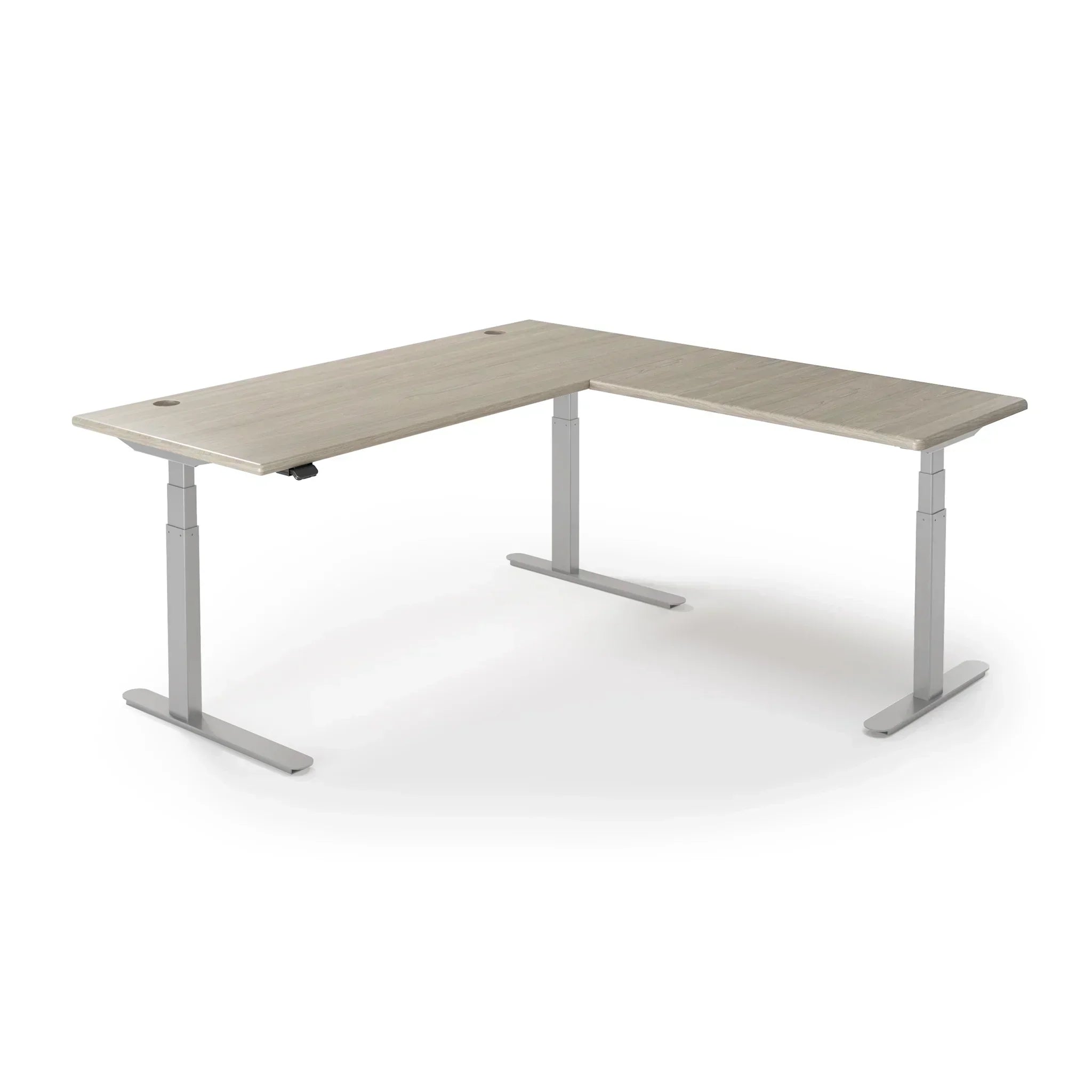 Lander Standing L-Desk in 3D Laminate 30x95 Main-Swiss Elm-Silver-With Grommet Holes-iMovR