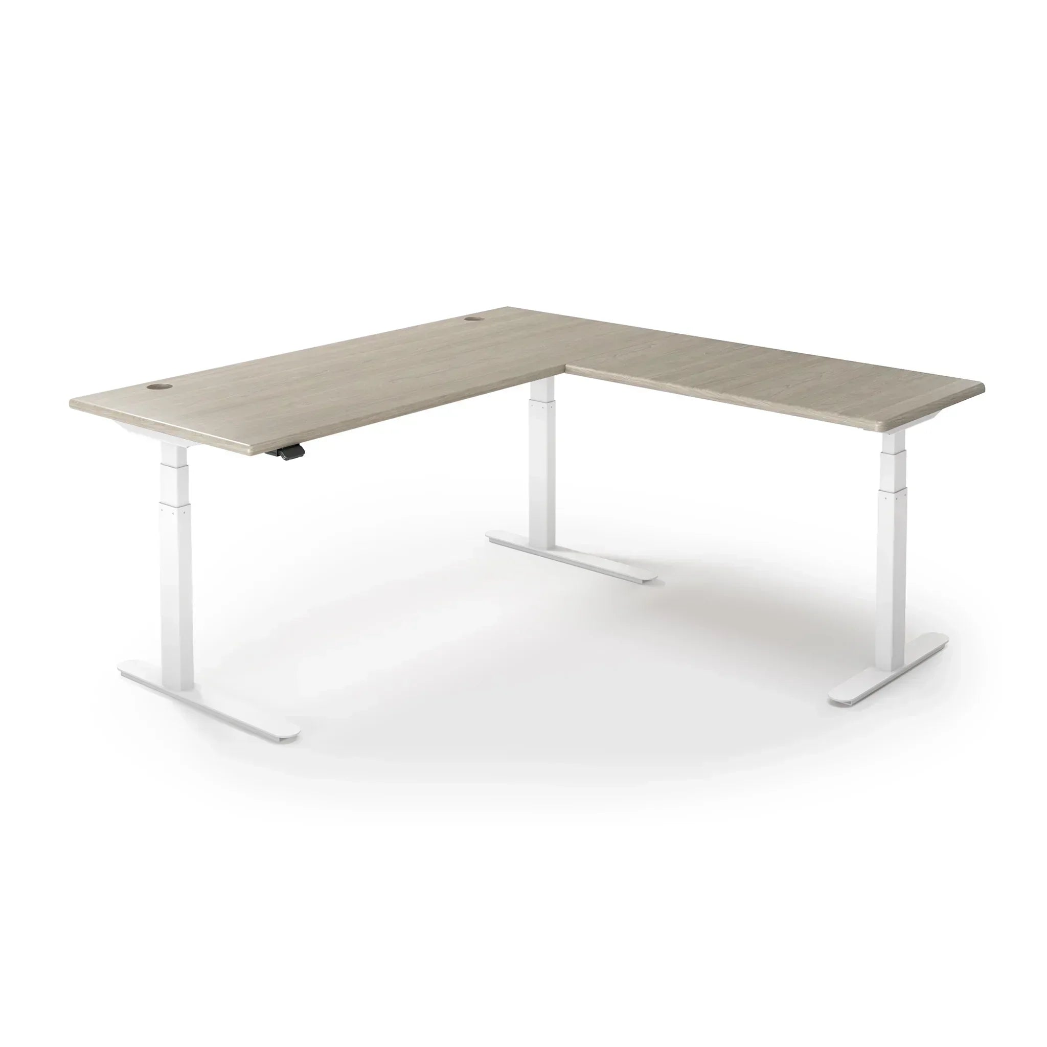 Lander Standing L-Desk in 3D Laminate 30x95 Main-Swiss Elm-White-With Grommet Holes-iMovR