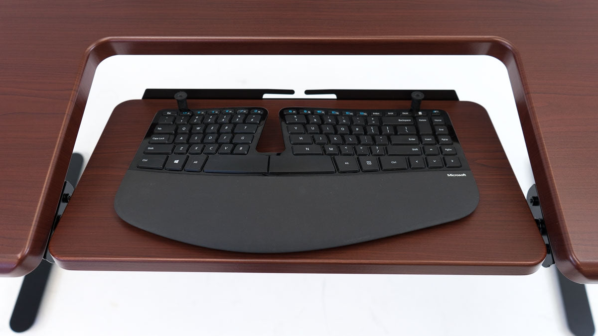 Standing Desk with built-in SteadyType Keyboard Tray, Clove Mahogany Desktop