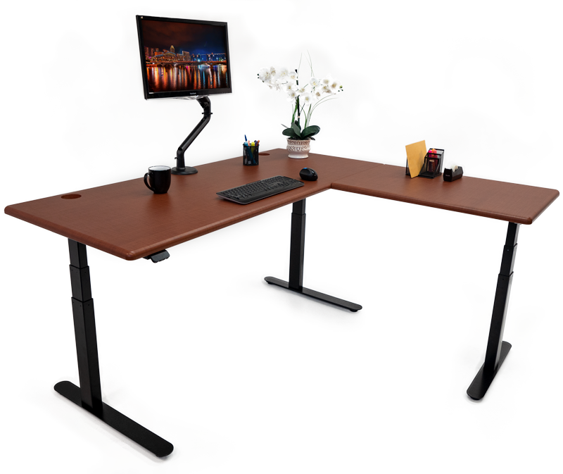 Lander Standing L-Desk with Crossfire Java top on Black base.