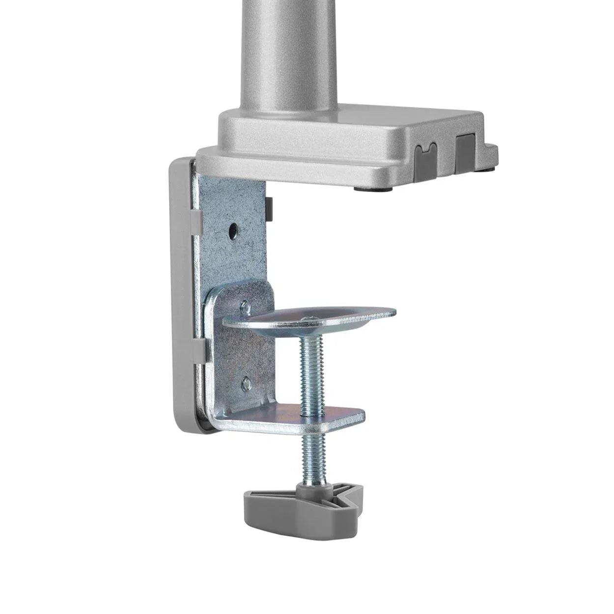 Detail of the edge-clamp mount option for the Echo Single Monitor Arm, shown in silver.