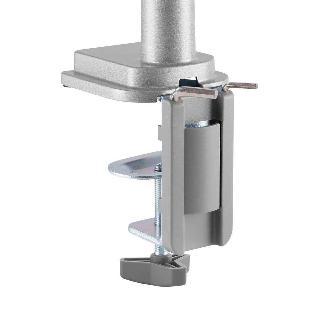 Tool holder and cord management in the rear of the Echo Single Monitor Arm clamp, shown in silver.