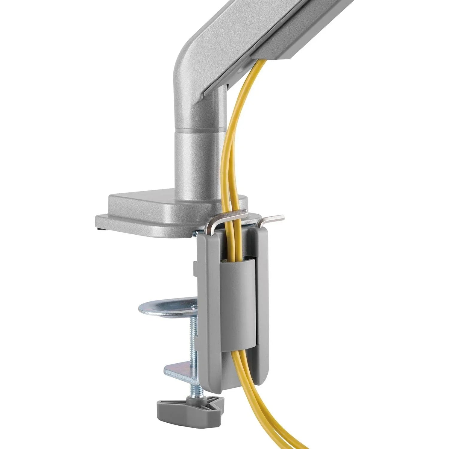 Detail of the cable management clip and tool holder in the back of the Echo Single Monitor Arm.