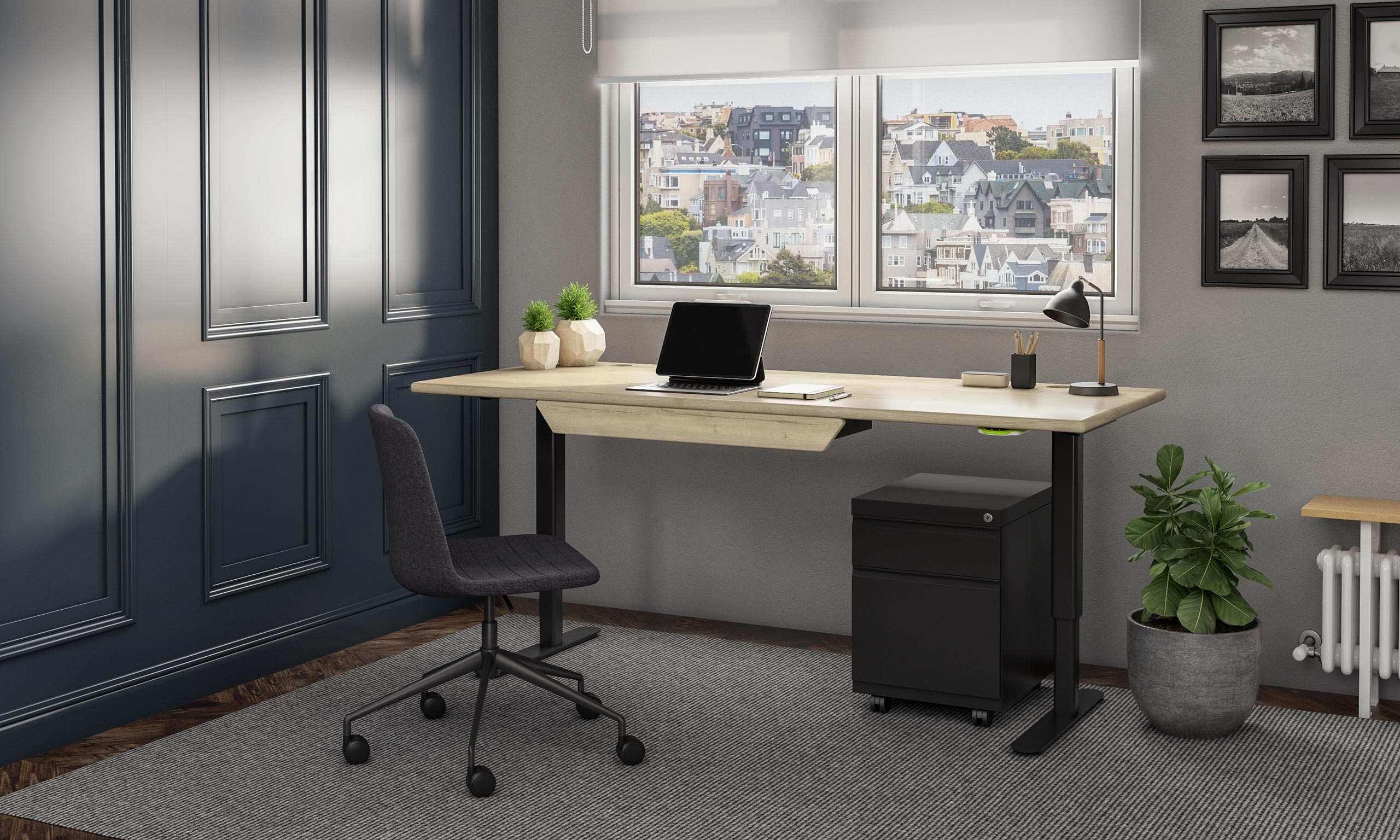 iMovR Jaxson Standing Desk featuring the Premium Drawer option, Natural Oak desktop on Basalt Black Base