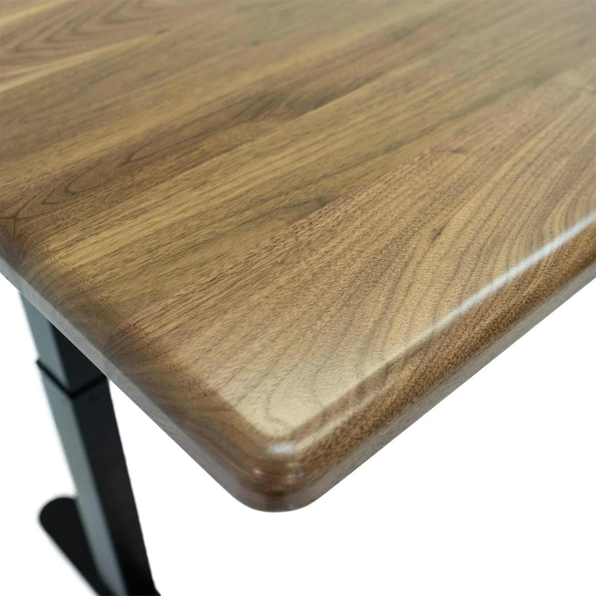 Solid Wood Lander Desk, Corner Detail, Natural Walnut - Select on Black Base