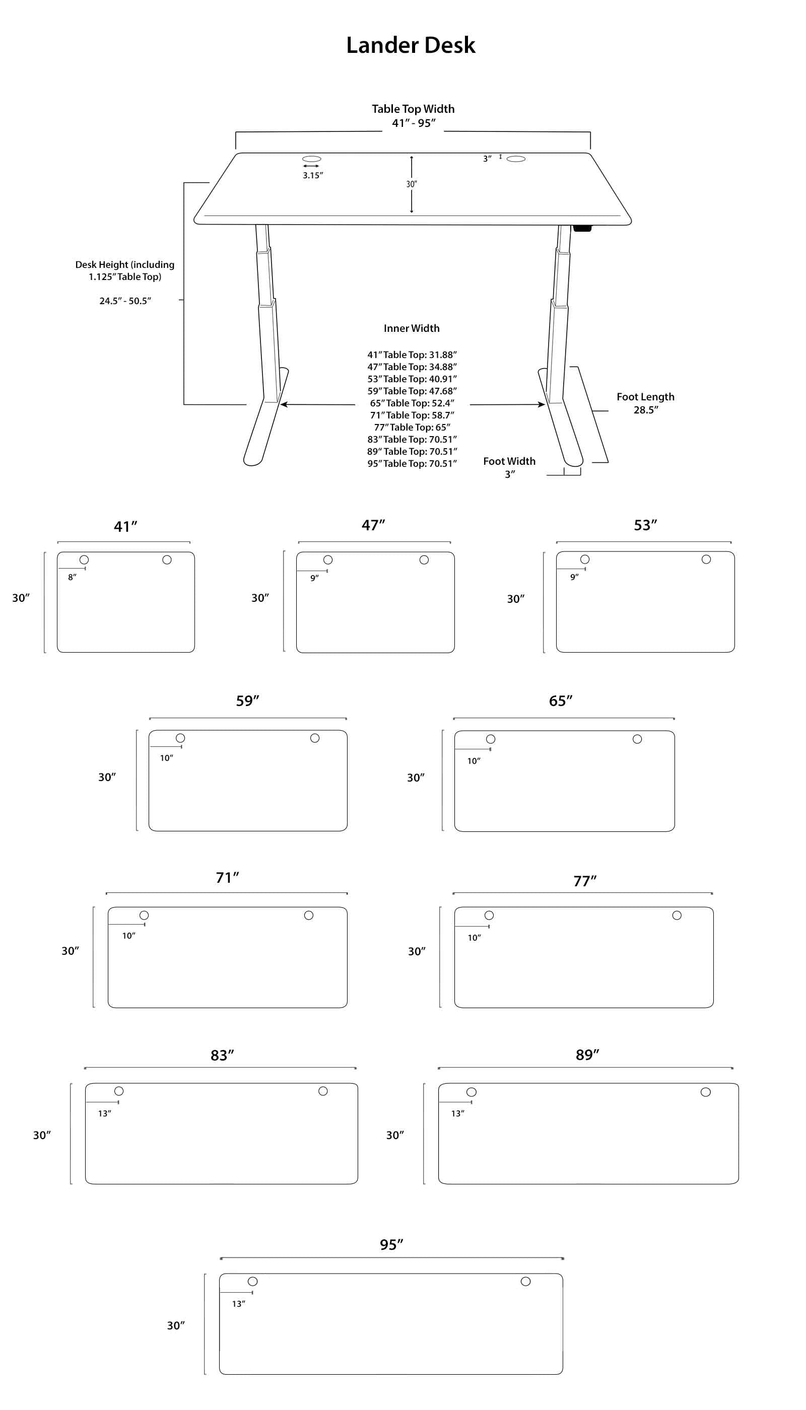 Diagrams for Lander Standing Desks (3D Laminate and Solid Wood)