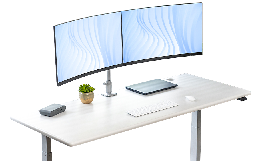 Lander Standing Desk, Designer White on Silver Base, shown with Compass Monitor Arm and Ellipse Power Block