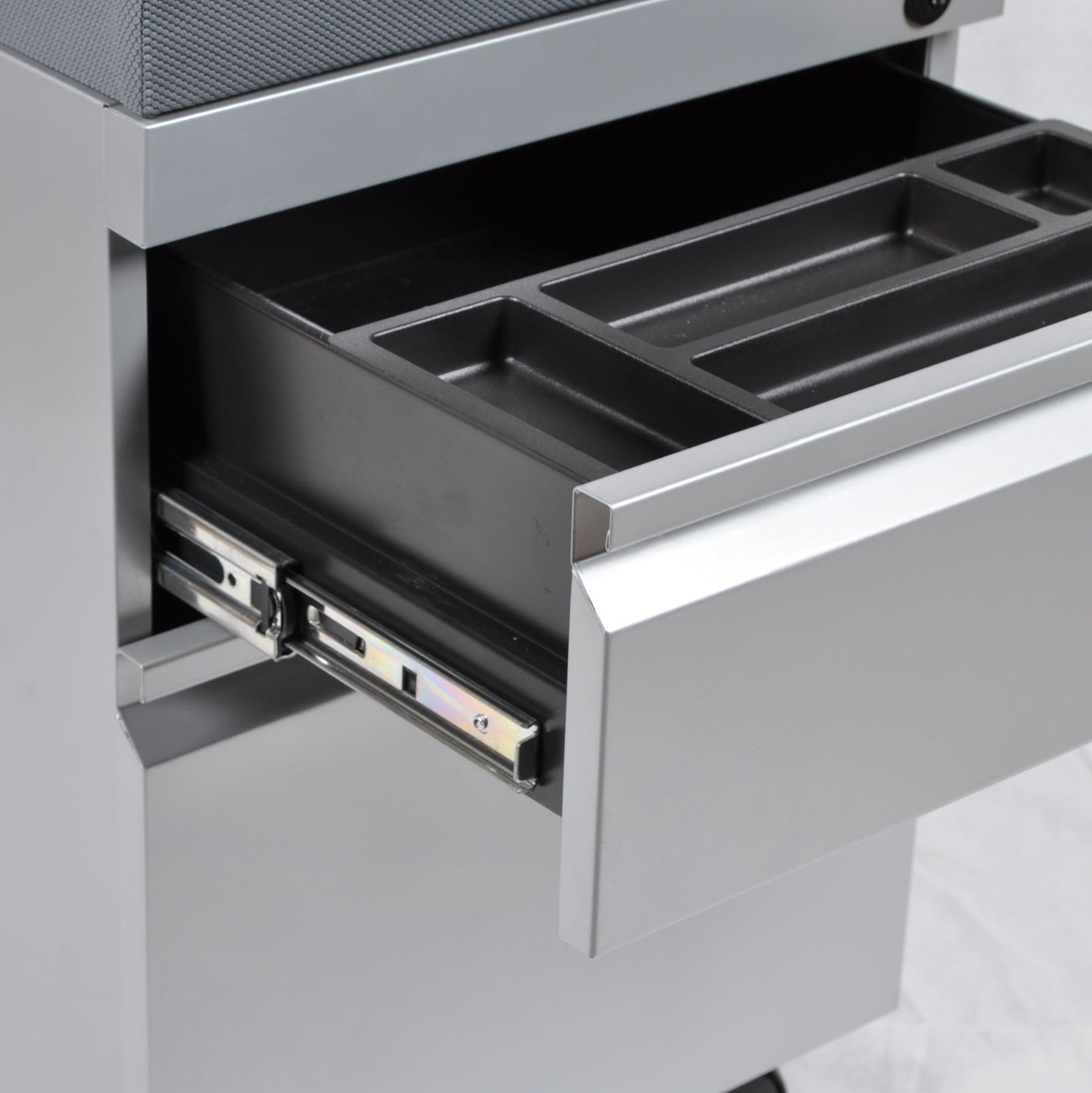 Mobile Box File Cabinet Pedestal, Drawer Glide Detail, Silver