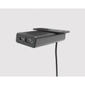 Matte black Nano low-profile under-mount power port with USB-A and USB-C ports, blue LEDs, and mounting bracket.