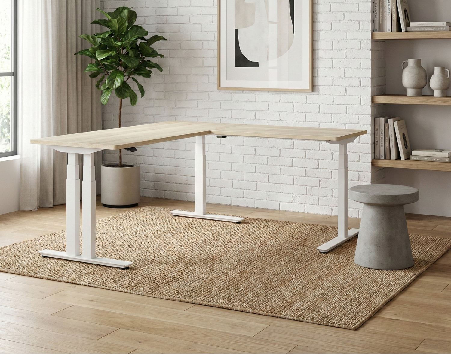 Standing L desk on rug in modern white and wood room