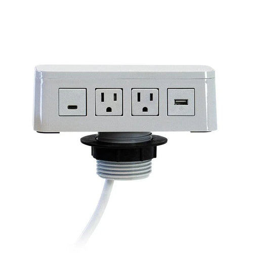 White Dyna Wireless Qi Charger and Power Block with dual AC outlets, USB-A, and USB A+C adapter.