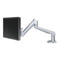 Silver TopView Max single monitor arm with attached black monitor, featuring a sleek, adjustable design.