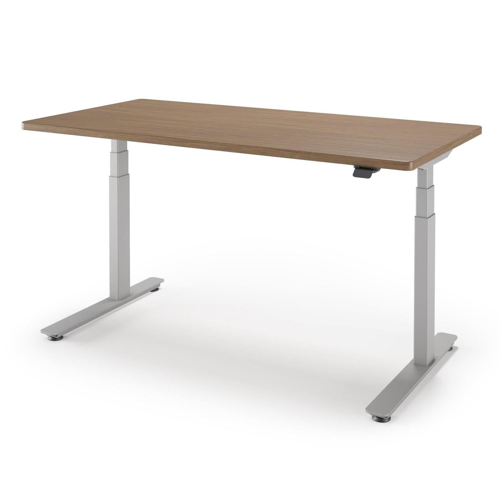 P1 ELITE Standing Desk in 3D Laminate 30x95-Bella Walnut-With Grommet Holes-Silver-iMovR