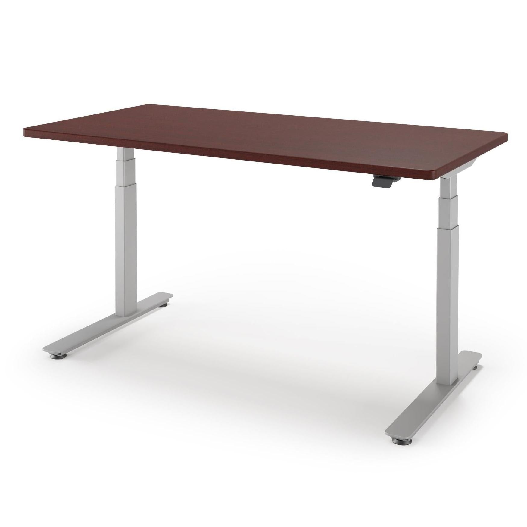P1 ELITE Standing Desk in 3D Laminate 30x95-Clove Mahogany-With Grommet Holes-Silver-iMovR