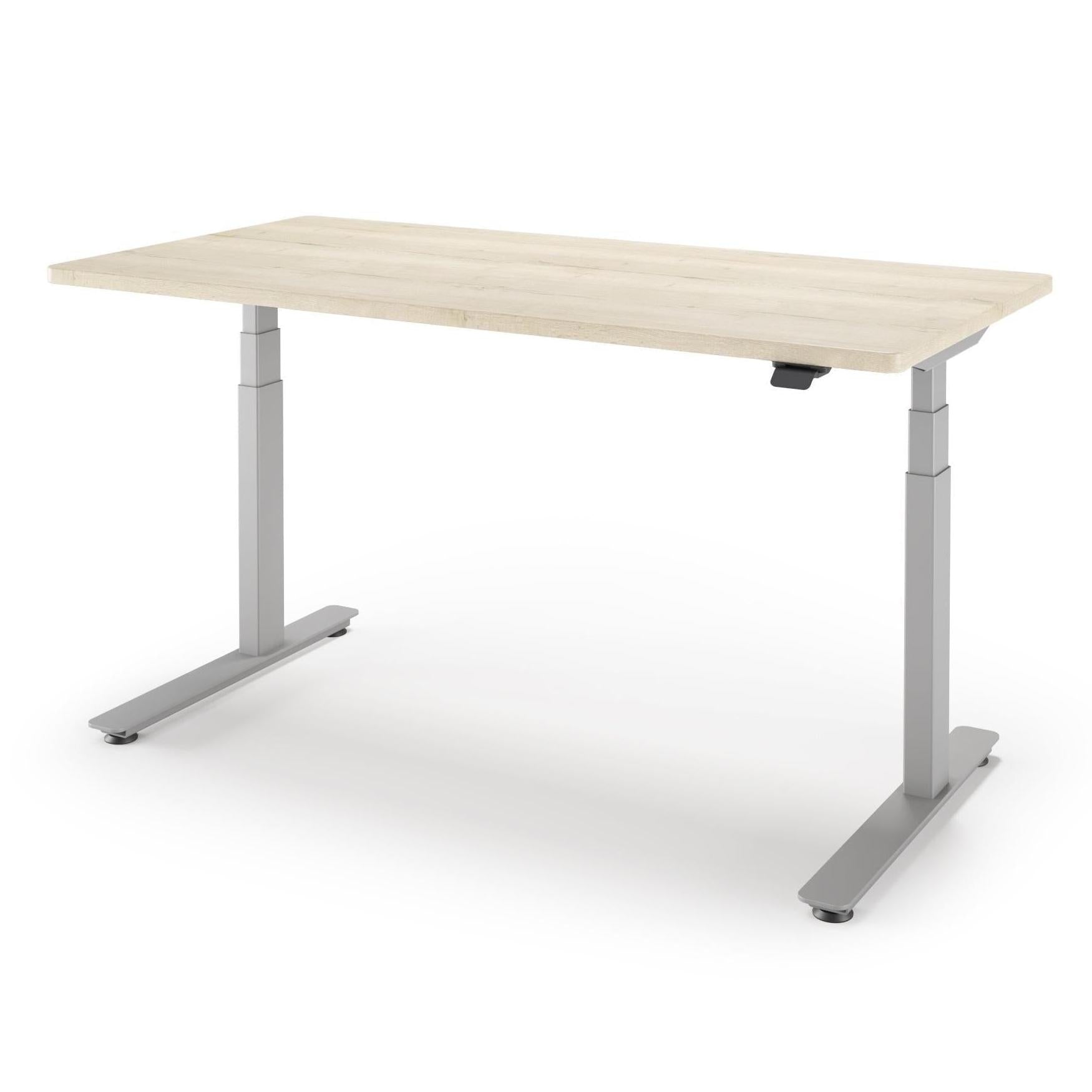 P1 ELITE Standing Desk in 3D Laminate 30x95-Natural Oak-With Grommet Holes-Silver-iMovR