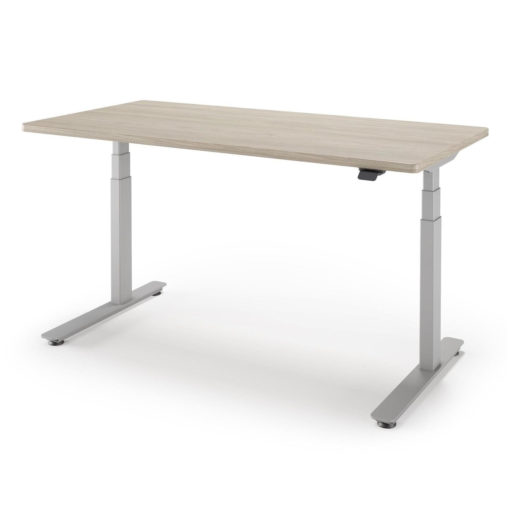 P1 ELITE Standing Desk in 3D Laminate 30x95-Swiss Elm-With Grommet Holes-Silver-iMovR