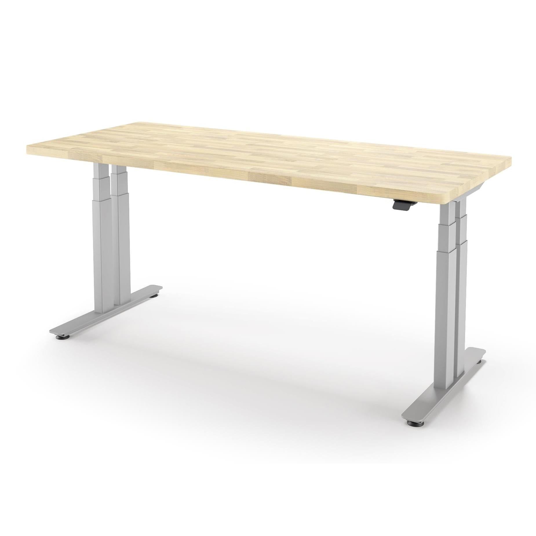 iMovr-P1 ELITE+ Standing Desk with Solid Wood Butcher Block Surface 30x77-BB Natural Birch Finish-With Grommet Holes-Silver