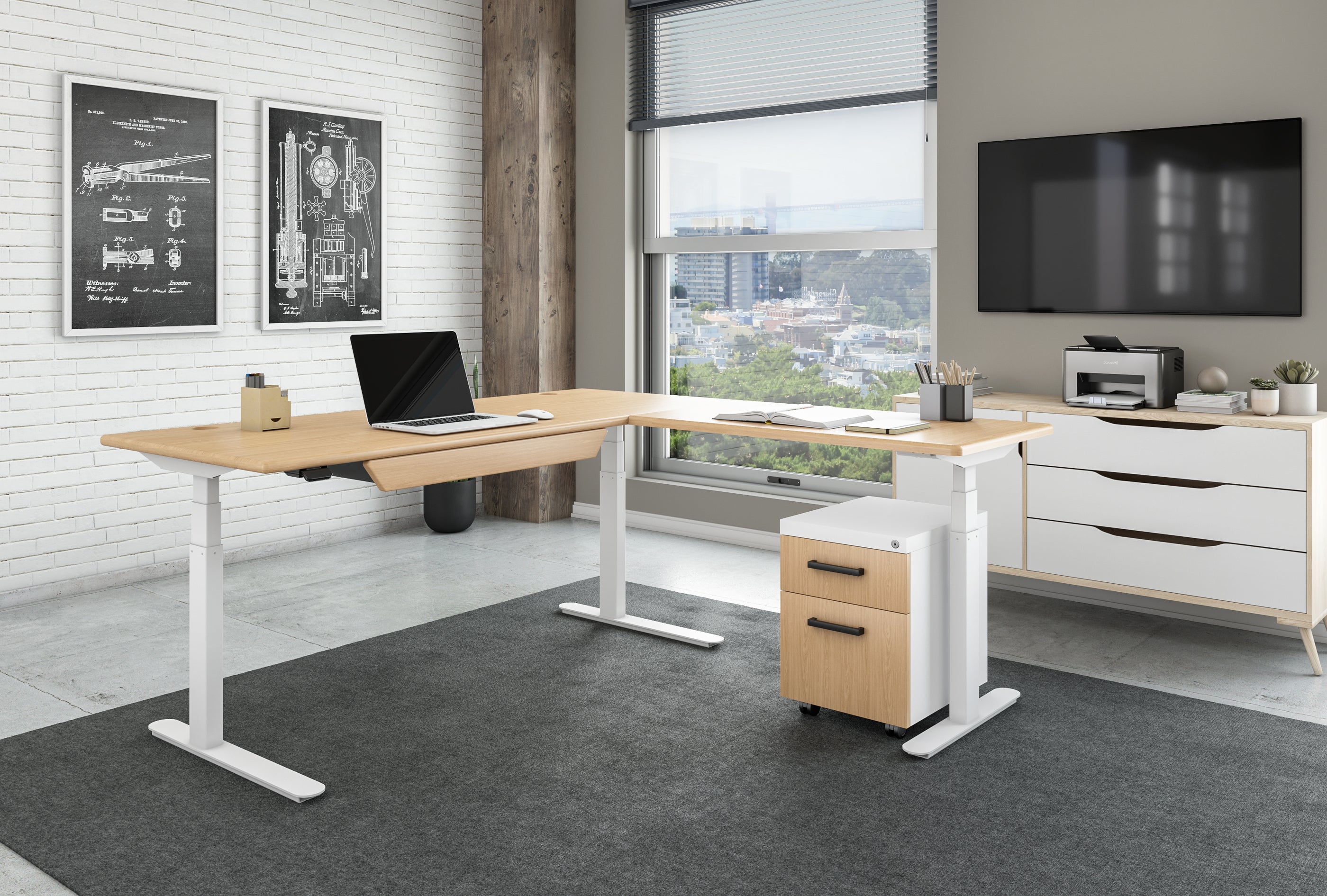 iMovR Lander Standing L-Desk with Premium Drawer option, Almond Cherry on White Base