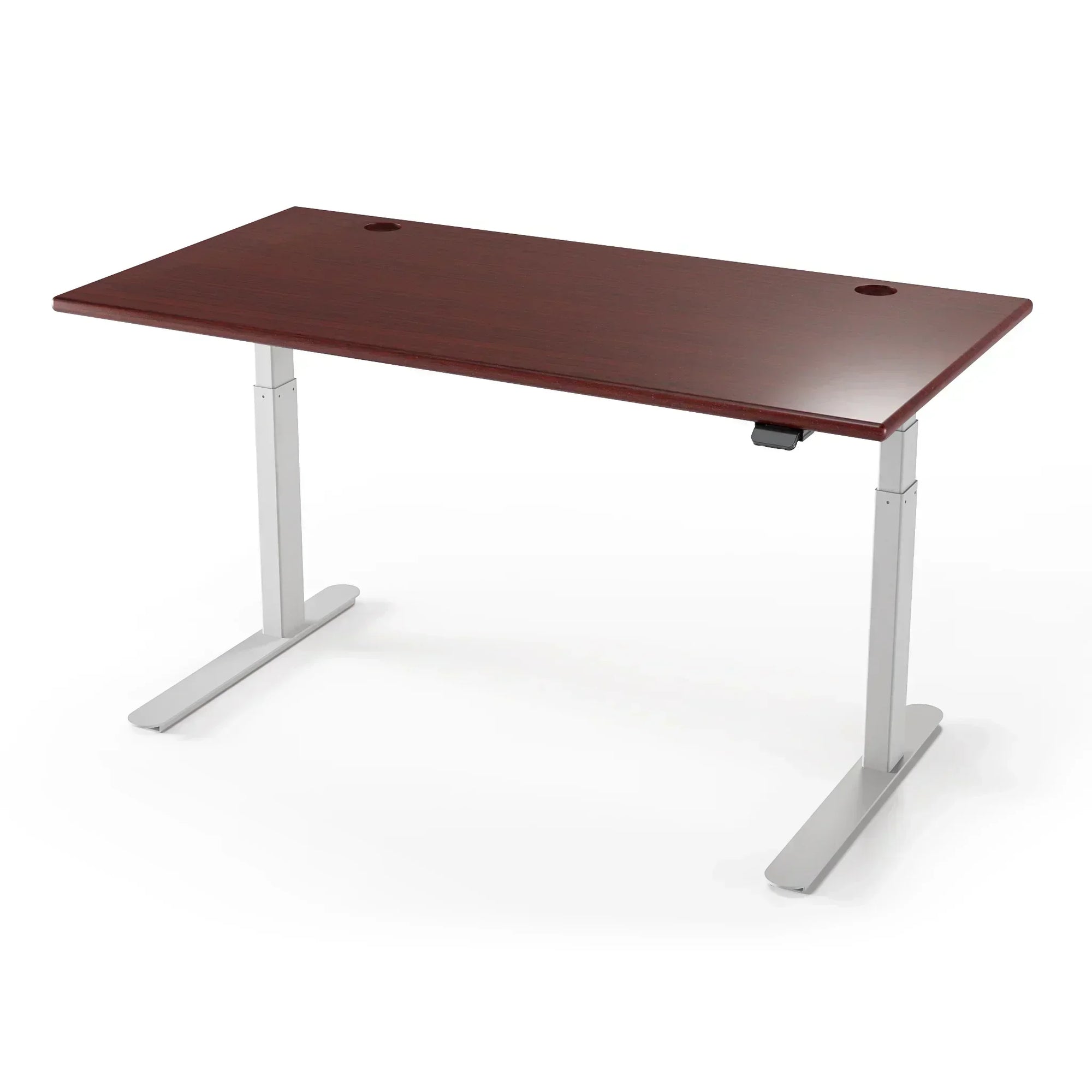 Lander Standing Desk in 3D Laminate 30x65-Clove Mahogany-Silver-With Grommet Holes-iMovR