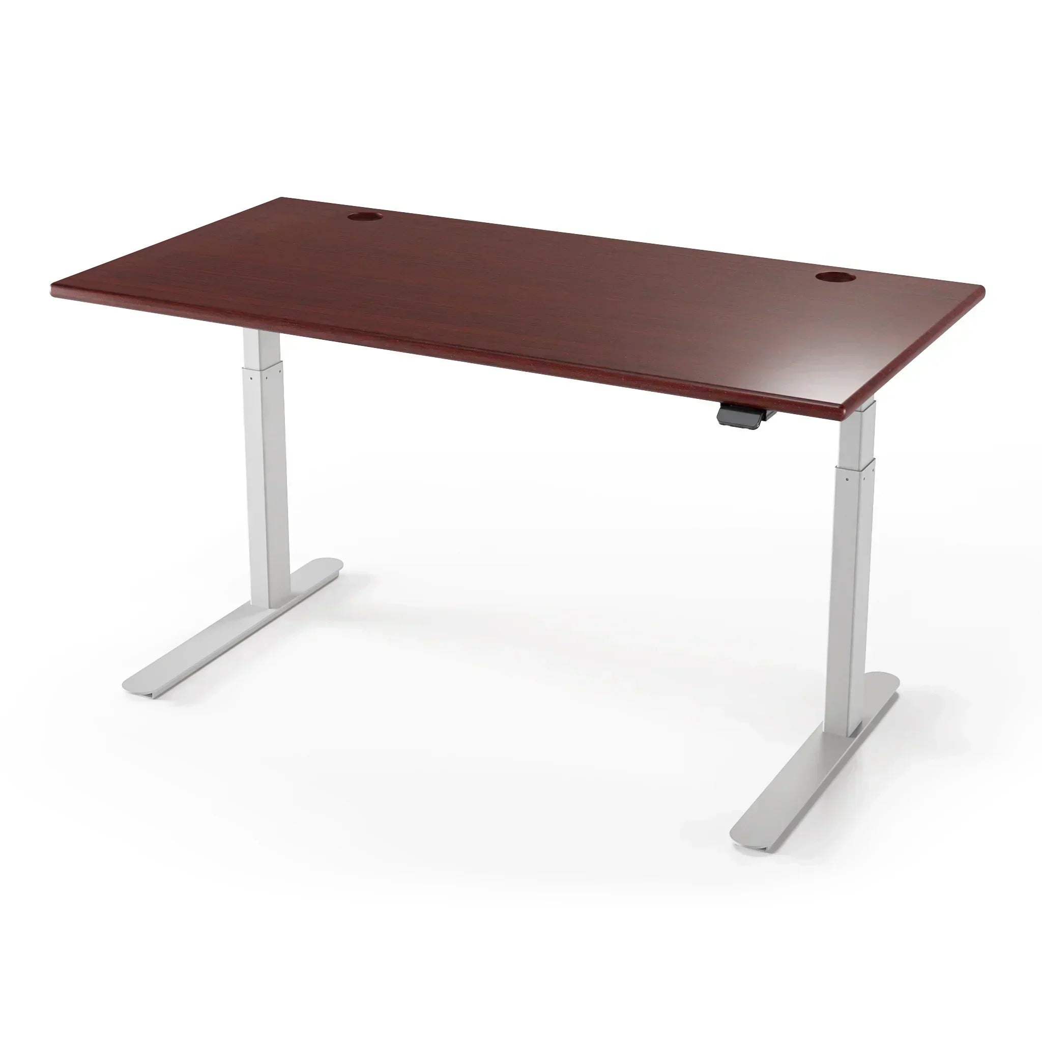 Lander Standing Desk in 3D Laminate 30x65-Clove Mahogany-Silver-With Grommet Holes-iMovR
