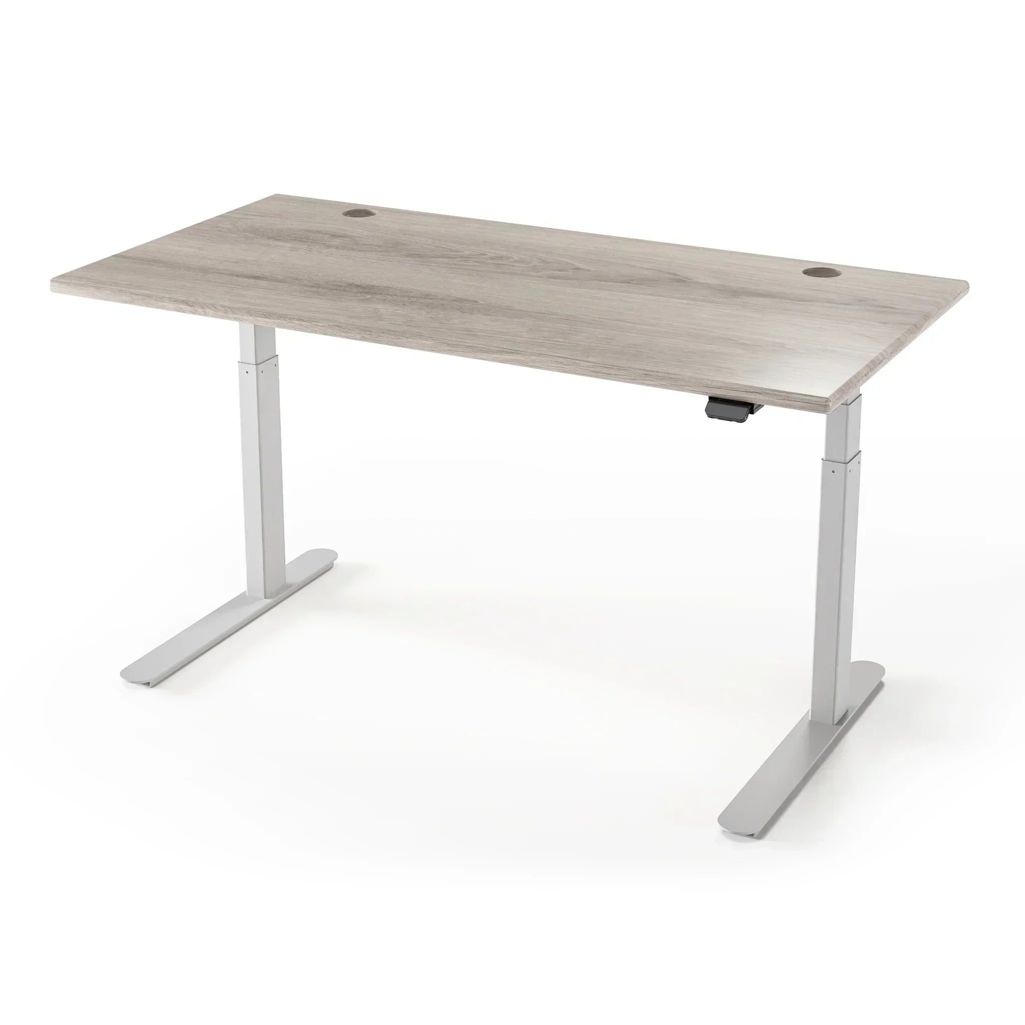 Lander Standing Desk in 3D Laminate 30x65-Driftwood-Silver-With Grommet Holes-iMovR
