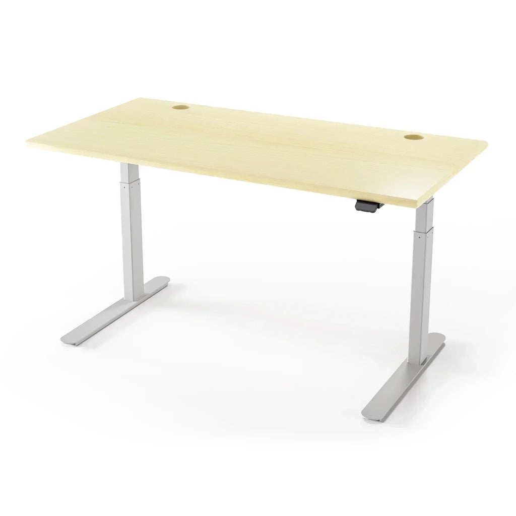 Lander Standing Desk with Light Maple 3D Laminate top and Silver base.